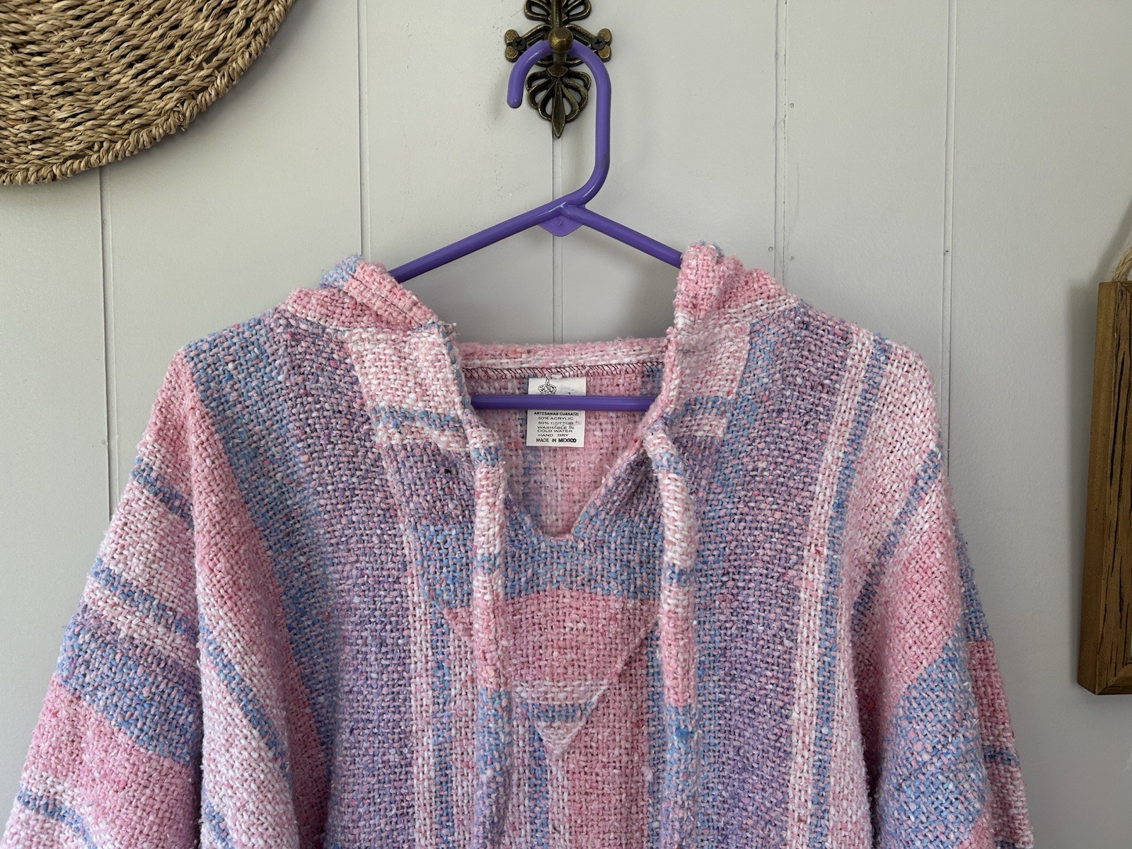 Vintage Baja Hoodie Artesanias Cuanatzi Pink Lavender Hippie Mexico Womens L