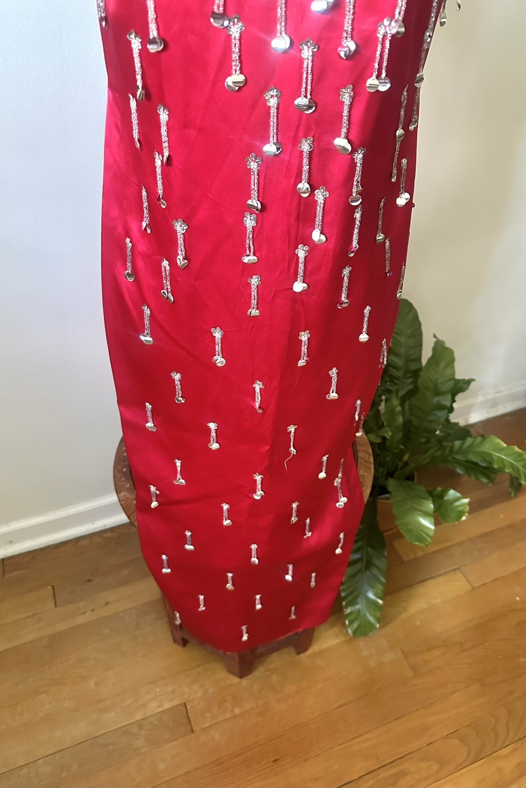Stunning 1950’s Chinese Red Pencil Dress With Silver Embellishments, XS/S