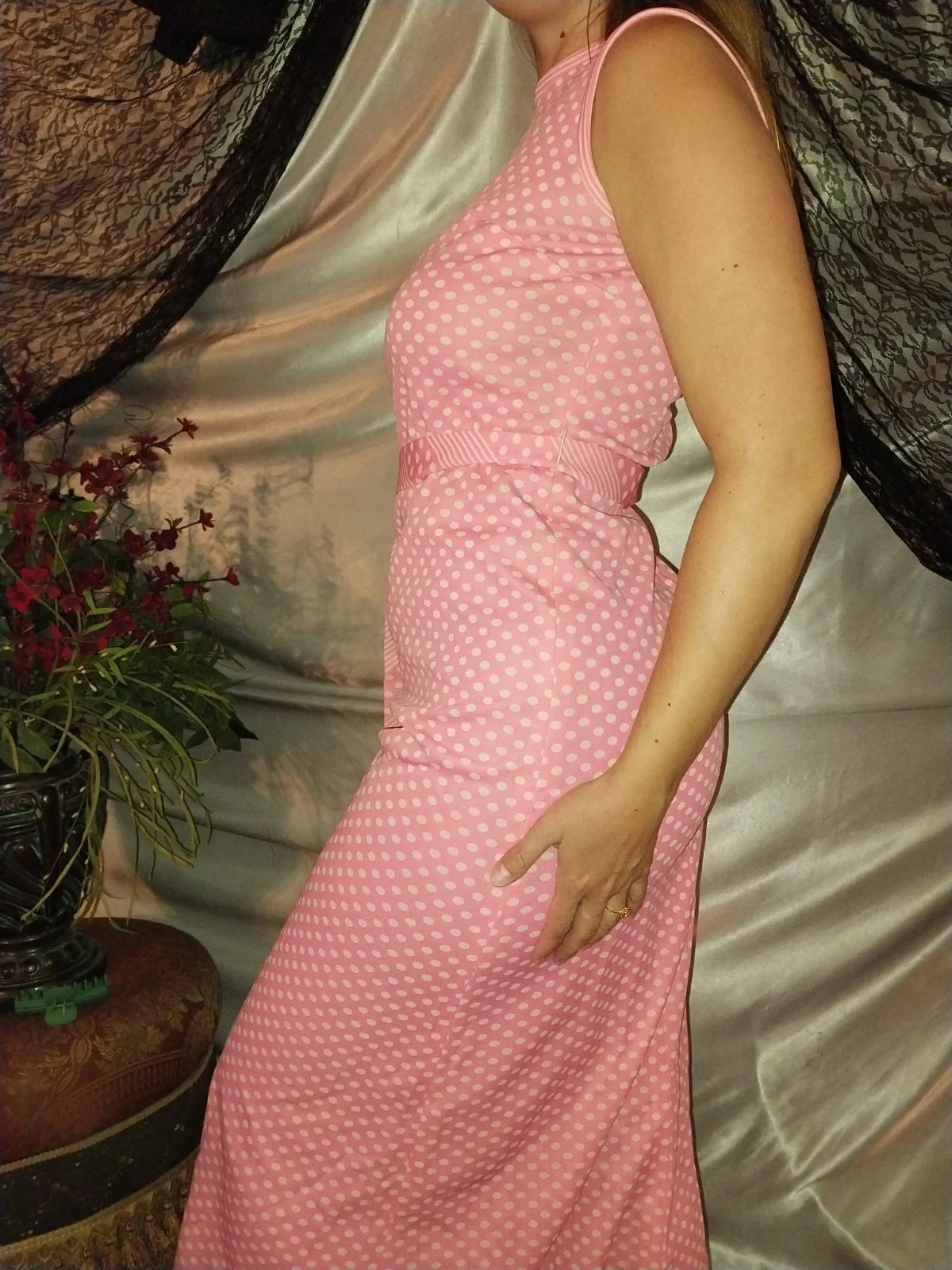 VTG PINK 60S RETRO MOD POLKA DOTS BELT DRESS ROCKABILLY PIN UP MINIMALIST GOGO