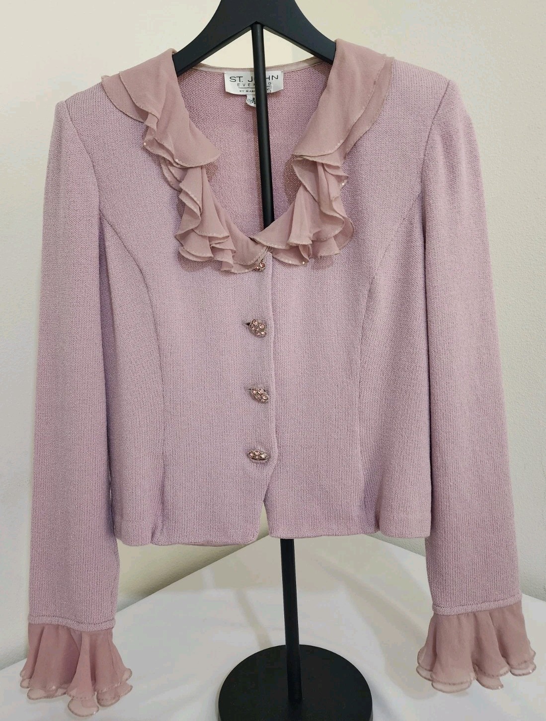 Vintage St John Evening By Marie Gray Pink Knit Ruffle Cardigan Jacket Sz 8 USA
