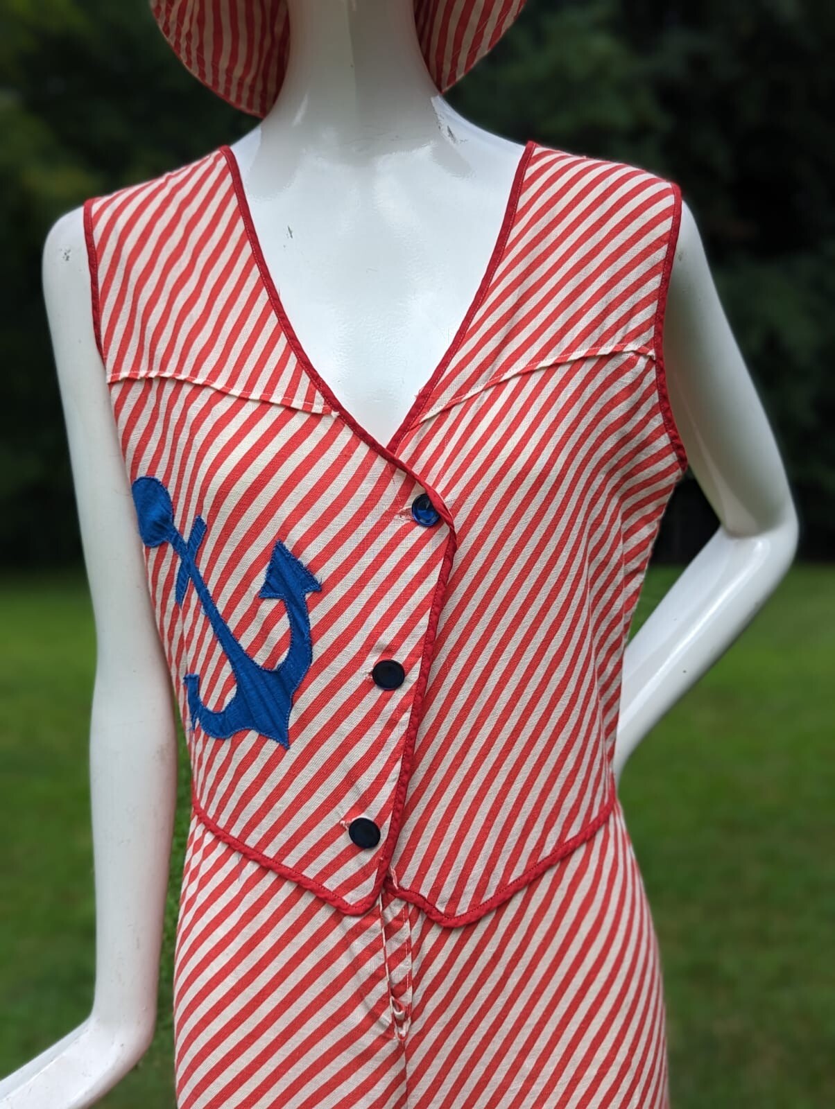 NAUTICAL THEME VINTAGE 1930’S CANDY CANE STRIPED BEACH PAJAMAS ROMPER W HAT