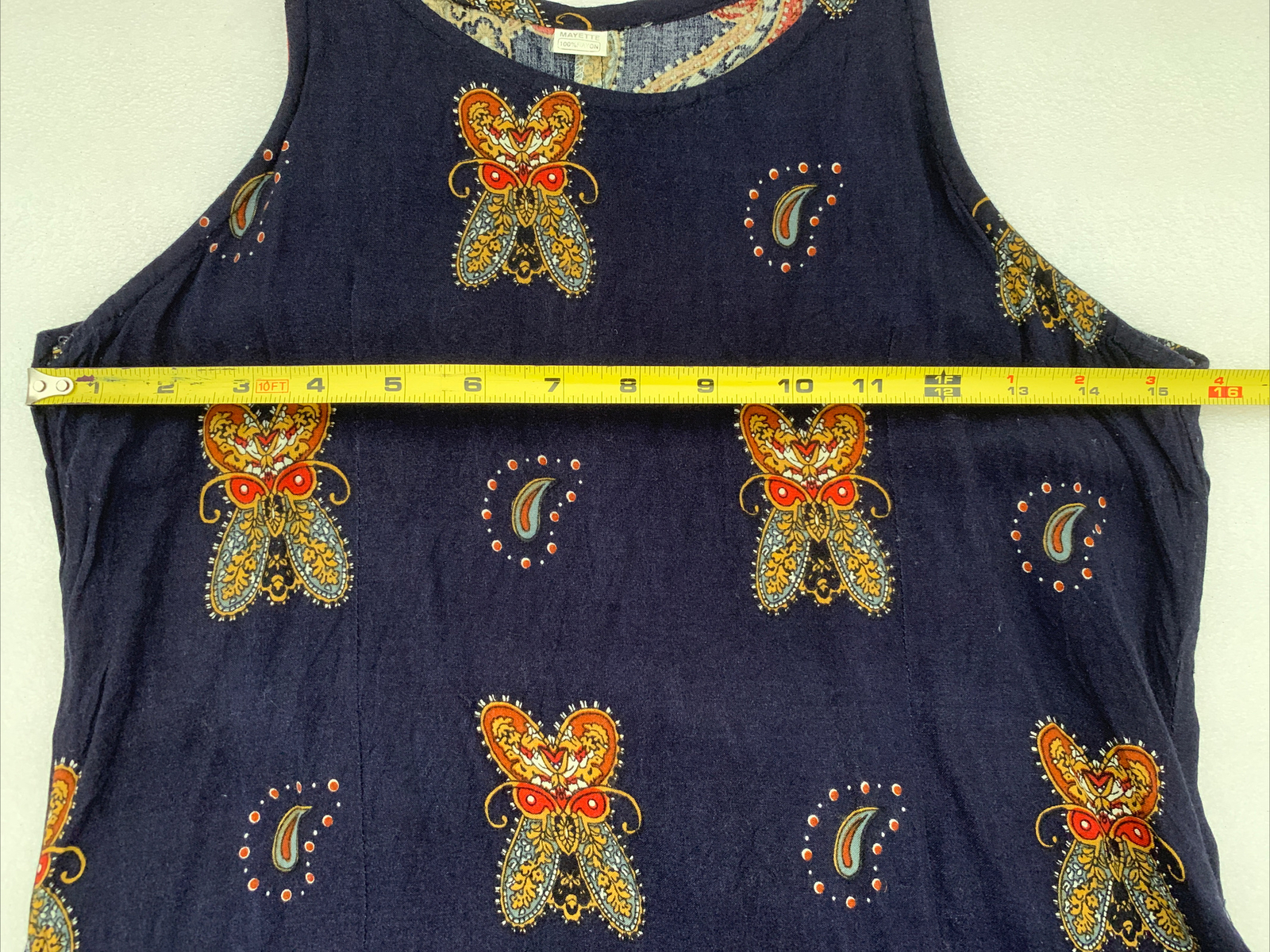 Mayette Vintage 100% Cotton Colorful Printed Sleeveless Dress Tie On Back Sz S