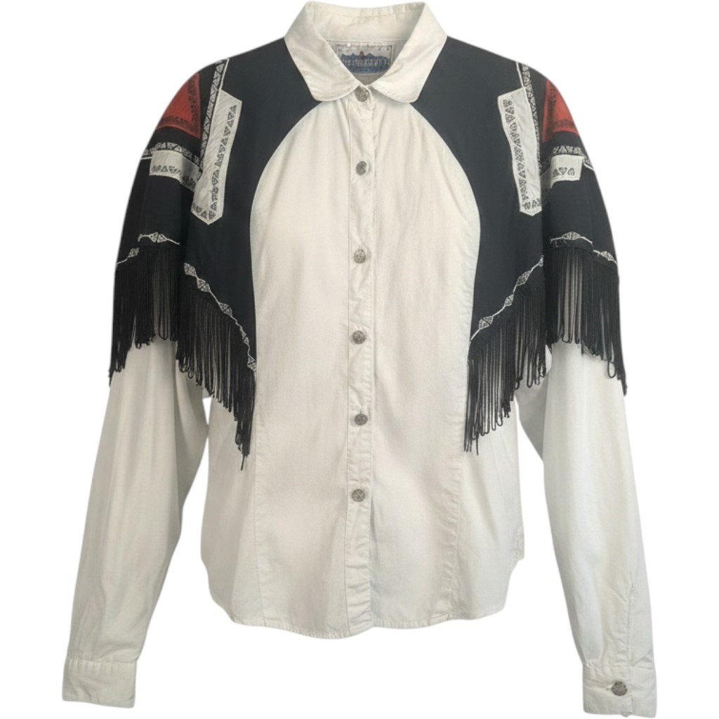 L VTG I Love Cowboys Out West Fringe Western Shirt White Black Red Embroidered