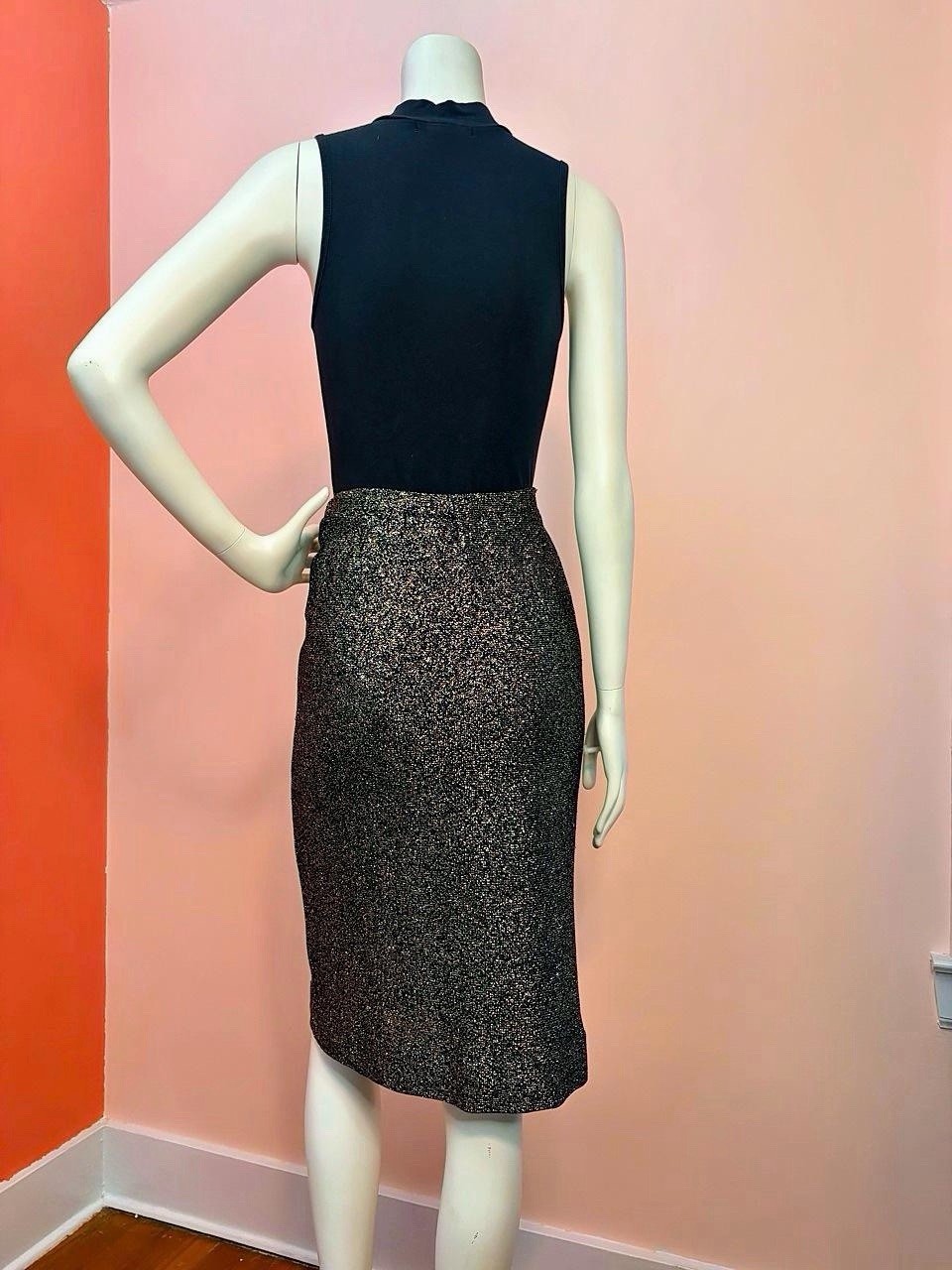 VTG 80s Halston III Metallic Knit Pencil midi Skirt Black/Gold Stretch disco M