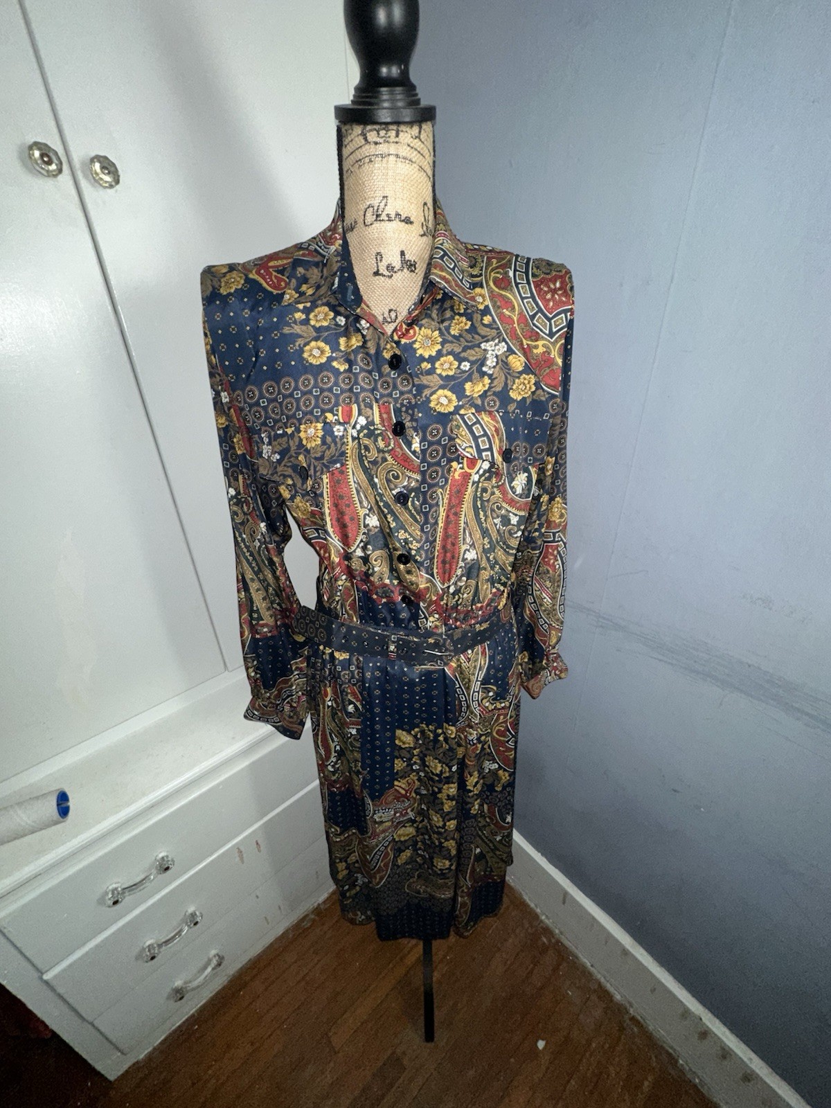 VTG Leslie Fay Midi Dress Belted Size 14P Floral Dressy Classic Chic