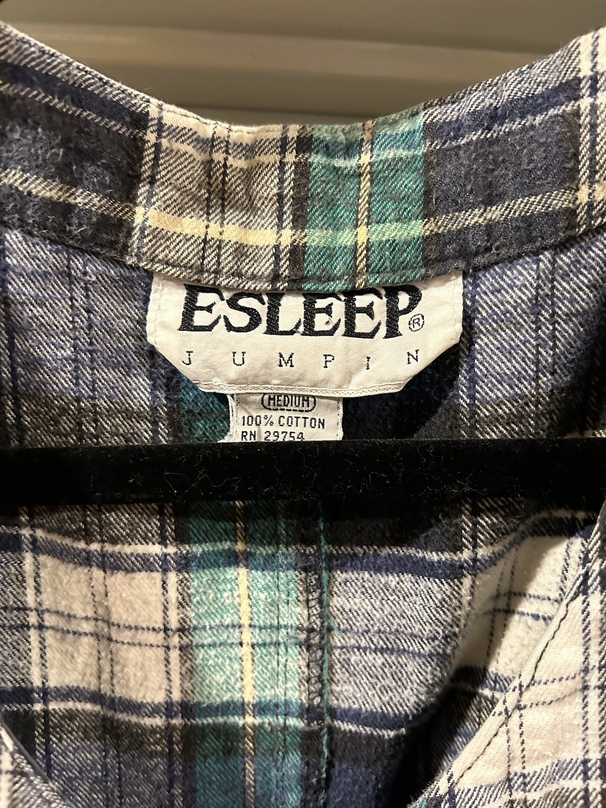 Vintage Esleep Jumpin Flannel Pajamas Women’s Medium Green Blue Plaid One Piece