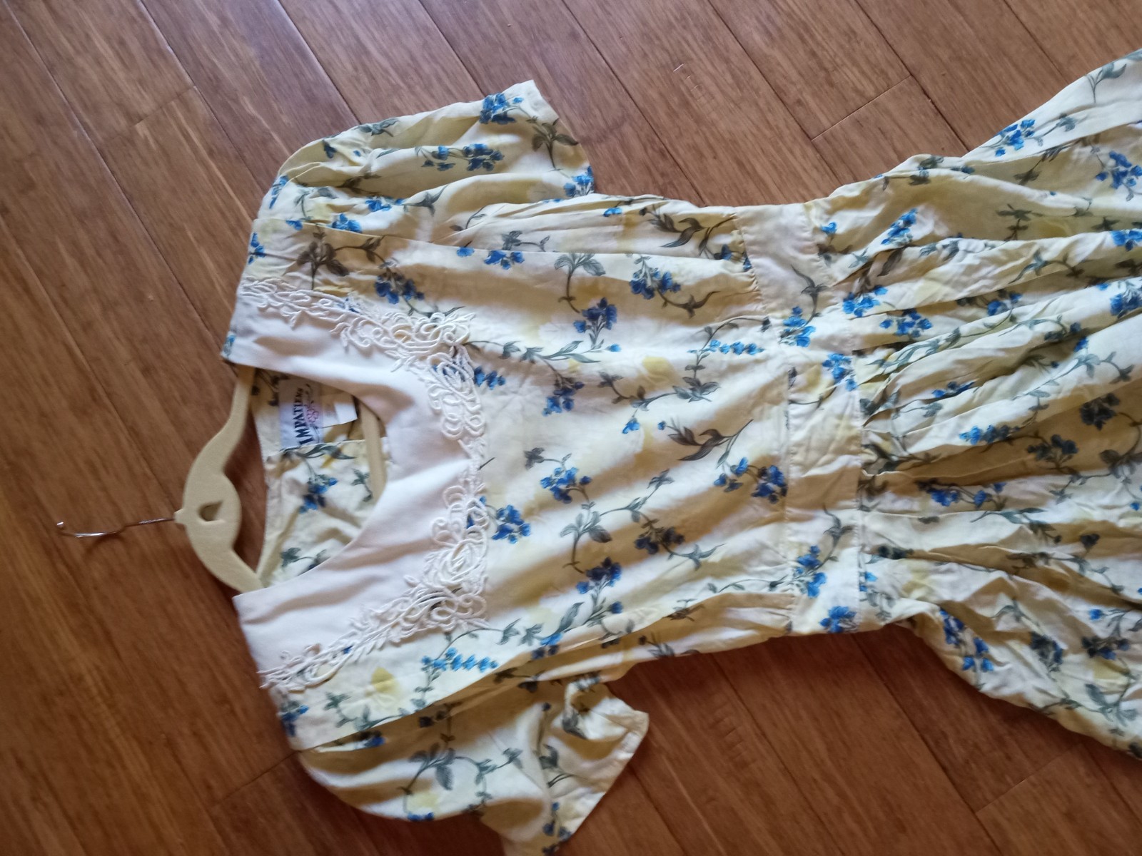 Vtg Yellow/Blue Floral Midi Sun Dress Size 12 1980s Lace Collar Cottagecore