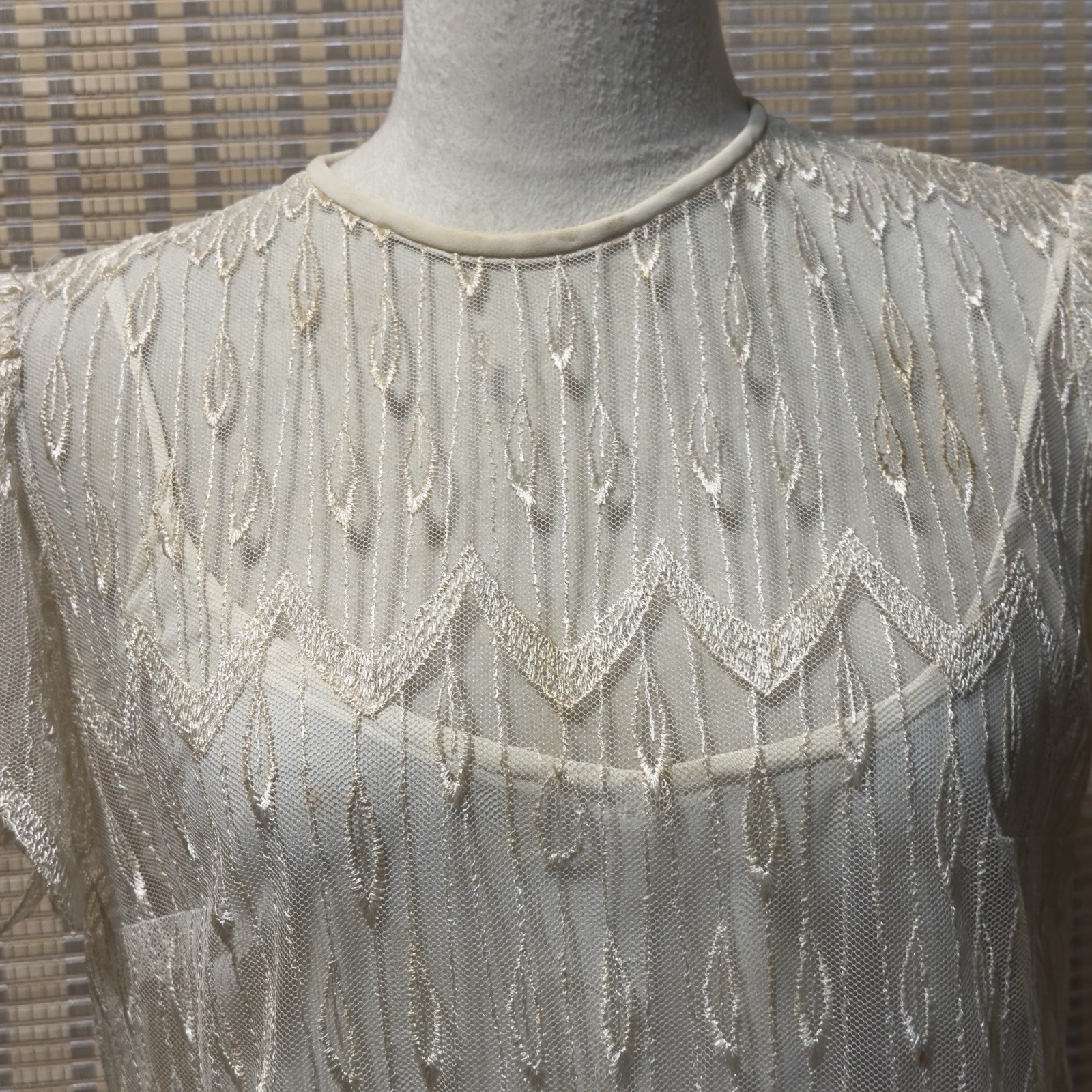 Vtg 70s 80s Sz S Gina Bacconi? Cream Lace Gatsby Wedding Party Art Deco Dress