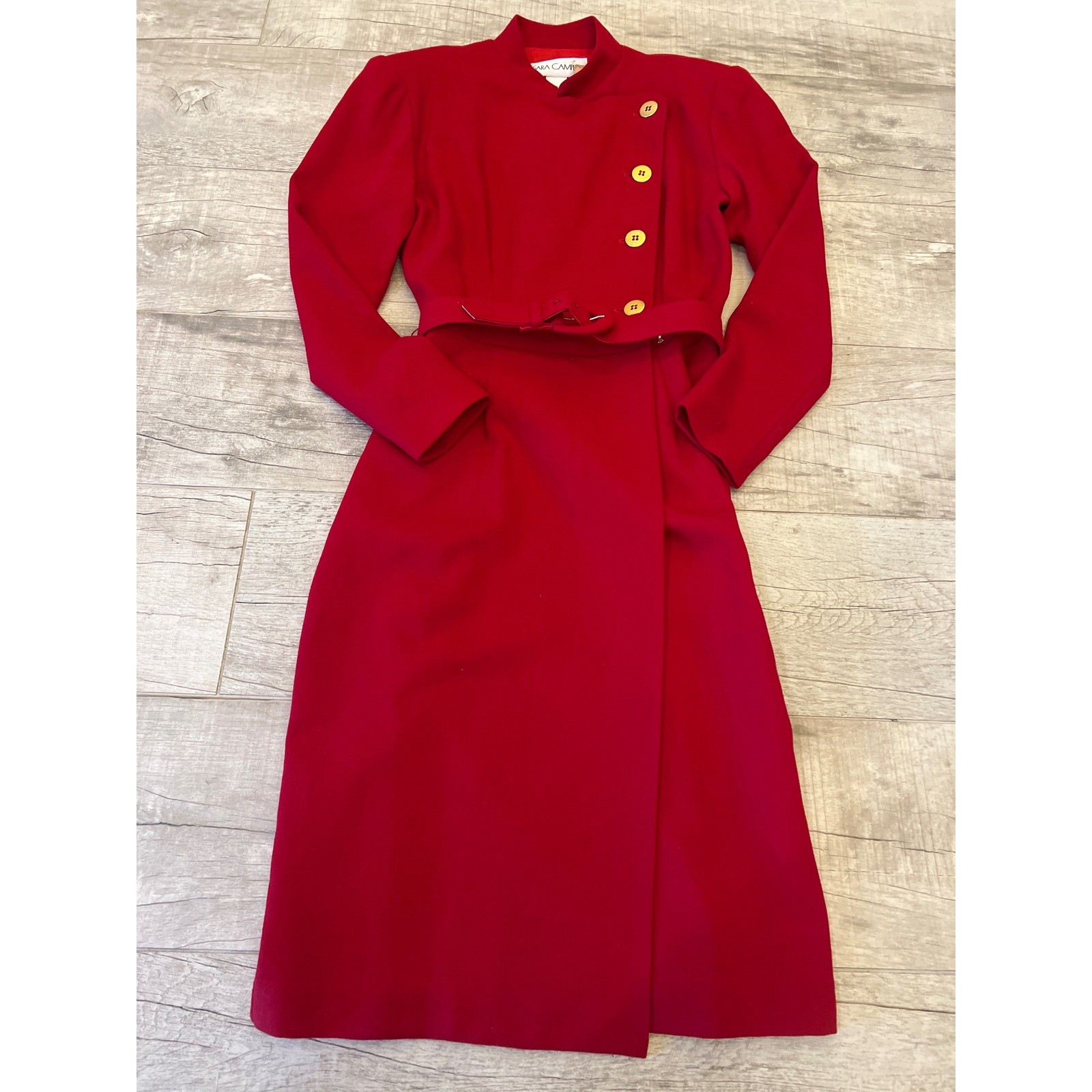 Sara Campbell Red Wool Dress Vintage Military Style Belted Asymmetrical Size 6