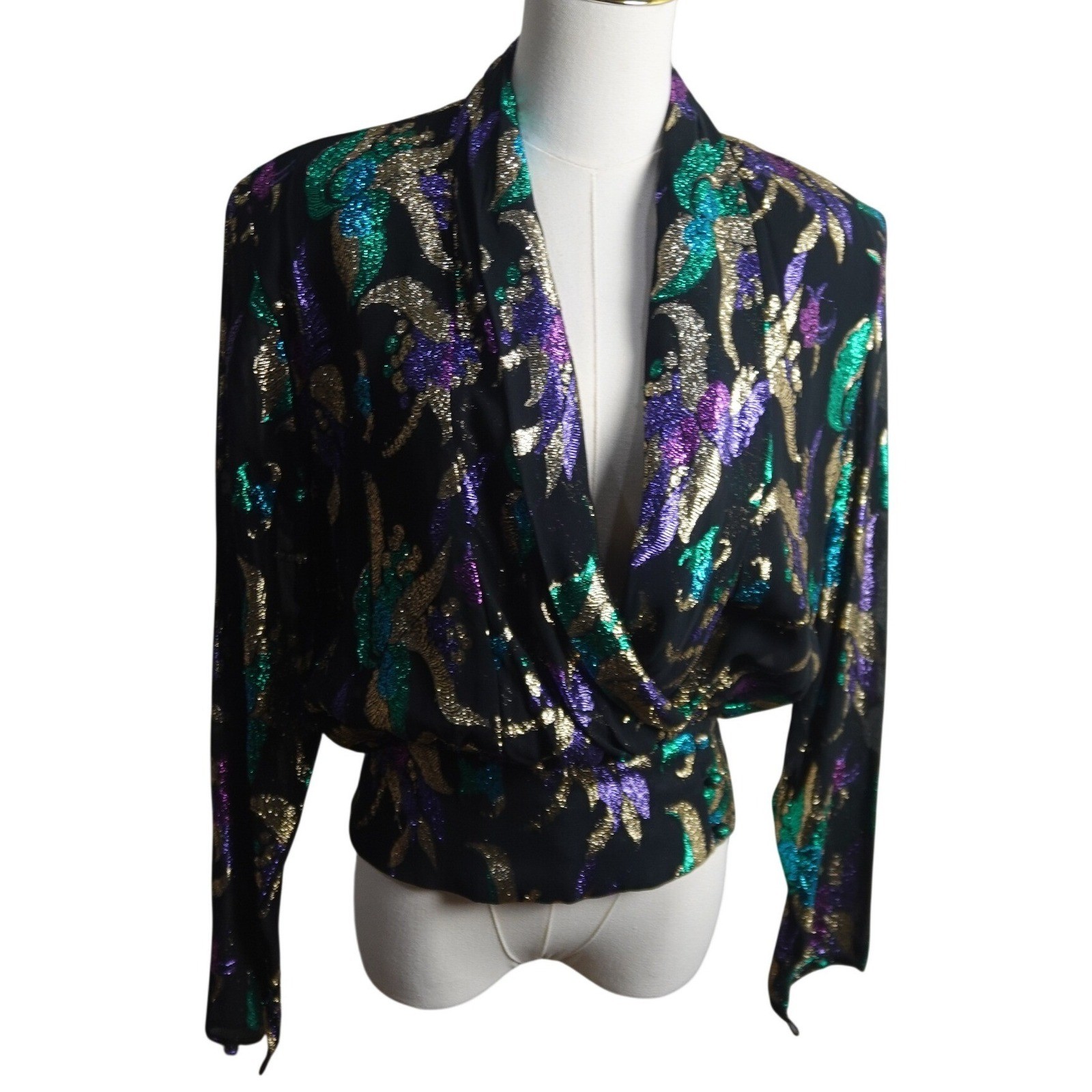 Vintage Anne Klein Black Metallic Abstract Blouse Purple Teal Gold Glam Top 80’s