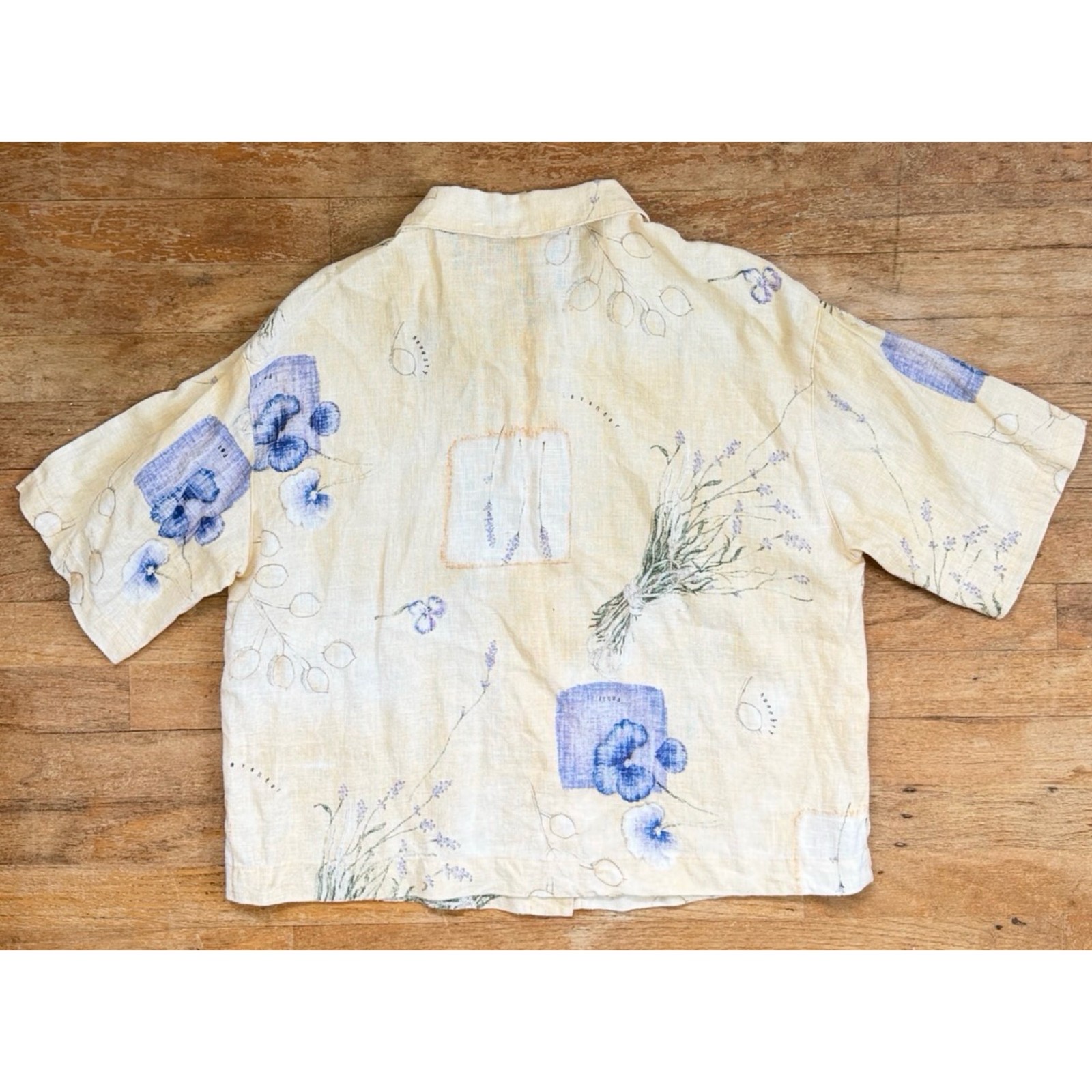 Vintage Pansy/Lavender Floral Print Linen Dress Top Set Size Medium 90s Yellow