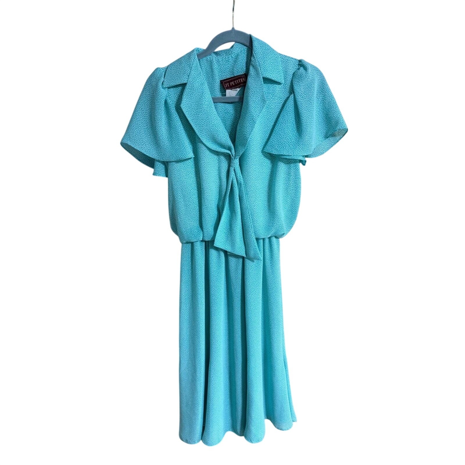 JT Petites Vintage 80s Polka Dot Midi Dress Aqua Blue Flutter Sleeve Size 8 USA