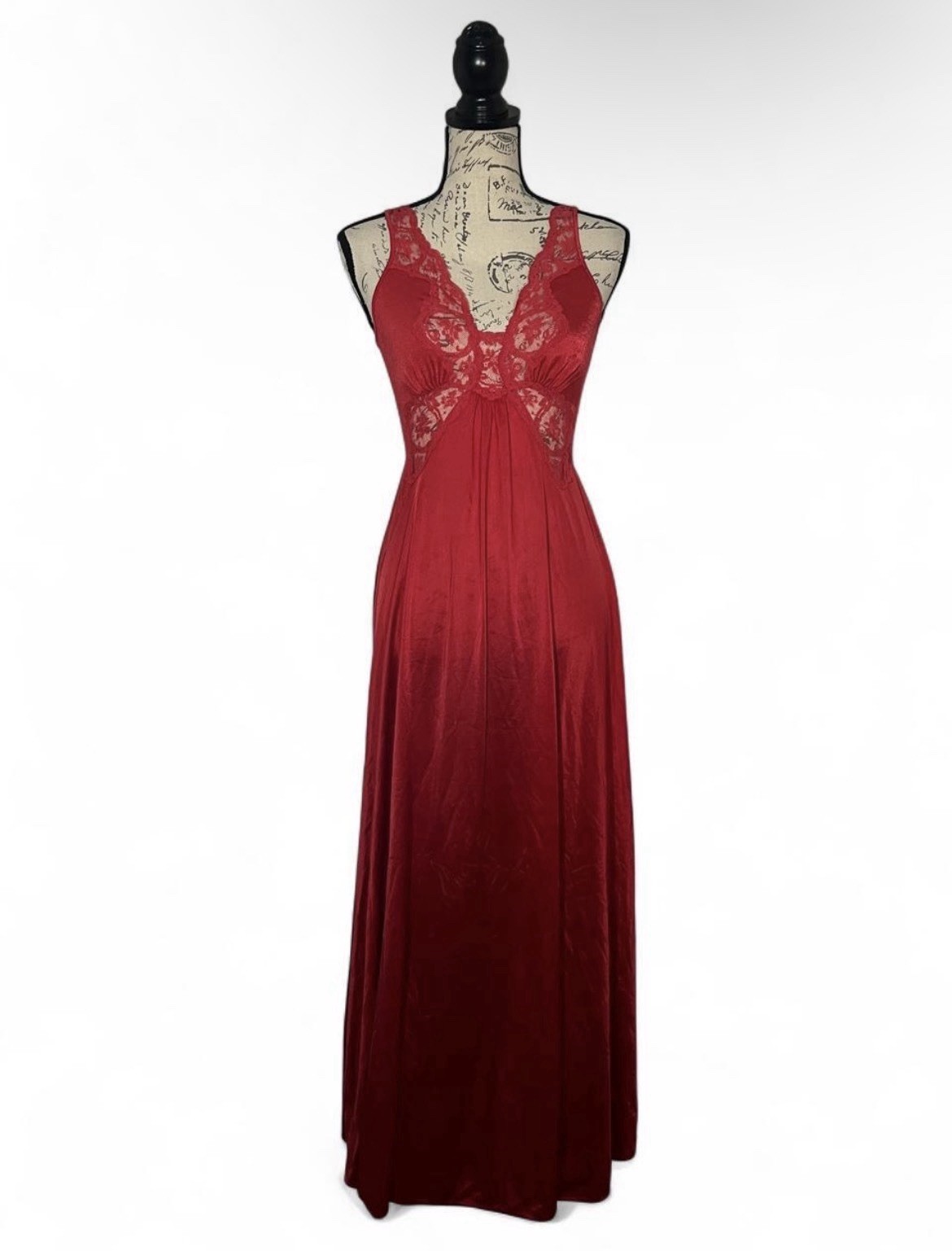 Vintage Olga BodySilk Red Lace Maxi Nightgown Slip Dress Nylon Size Small 92097
