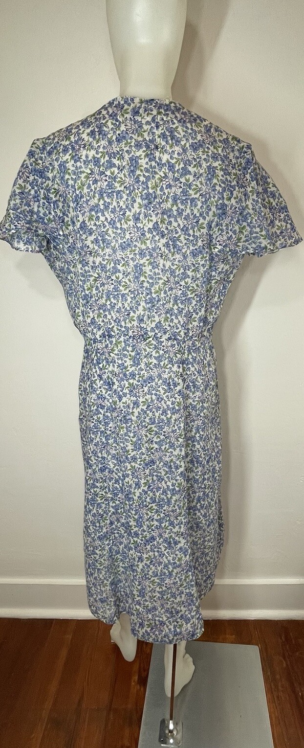 VTG 40s Day Dress White W/Blue Pink Floral Print 100% Cotton 36 Waist (Many Flaw