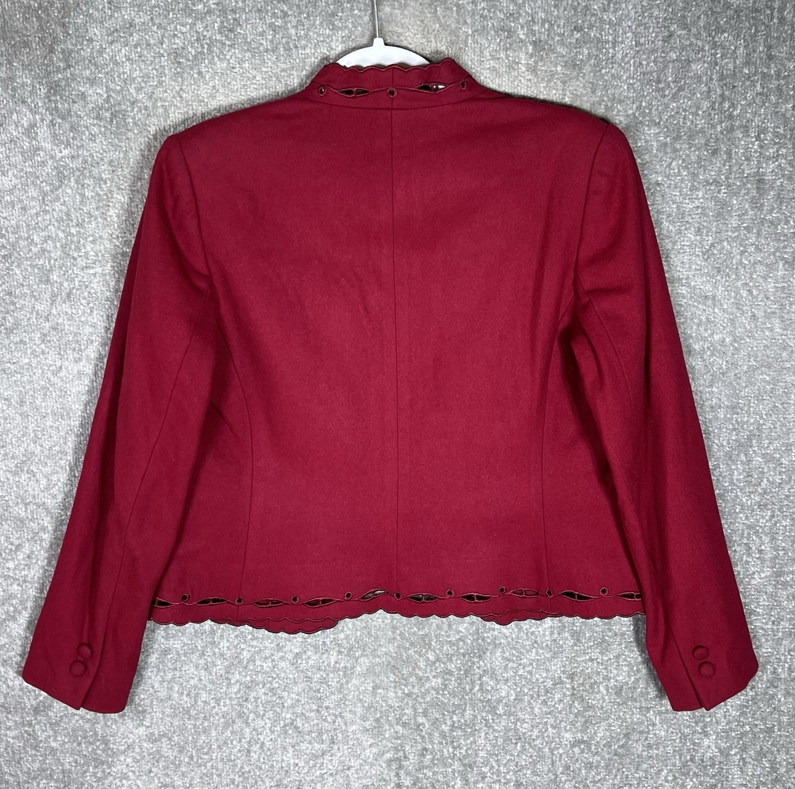 Vintage Sasson Open Front Blazer Womens Size 8 Red Wool Nylon Scalloped Edge