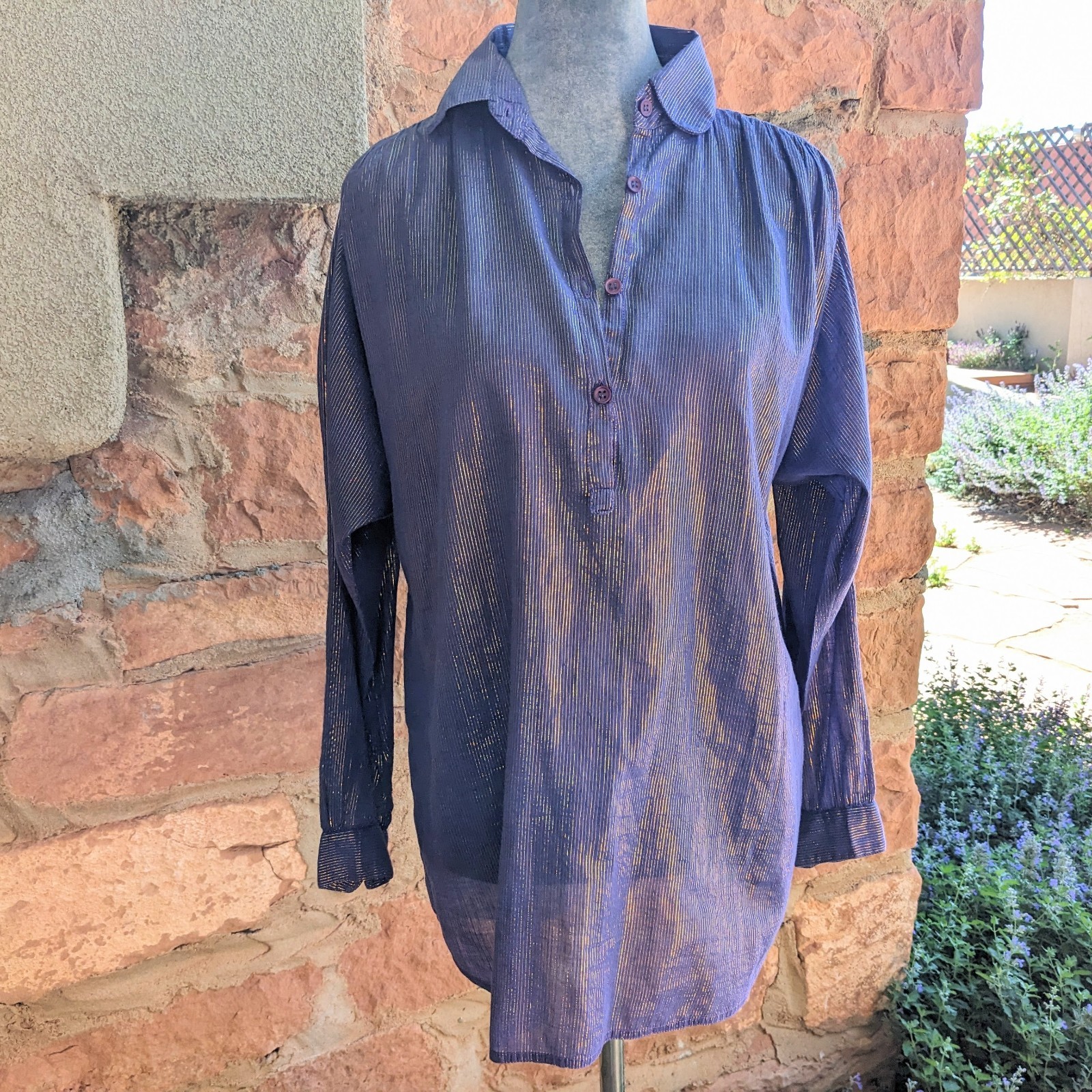 VTG 80s Metallic Gold Stripe Cotton Voile Blouse 14/L Purple Button Up Top India