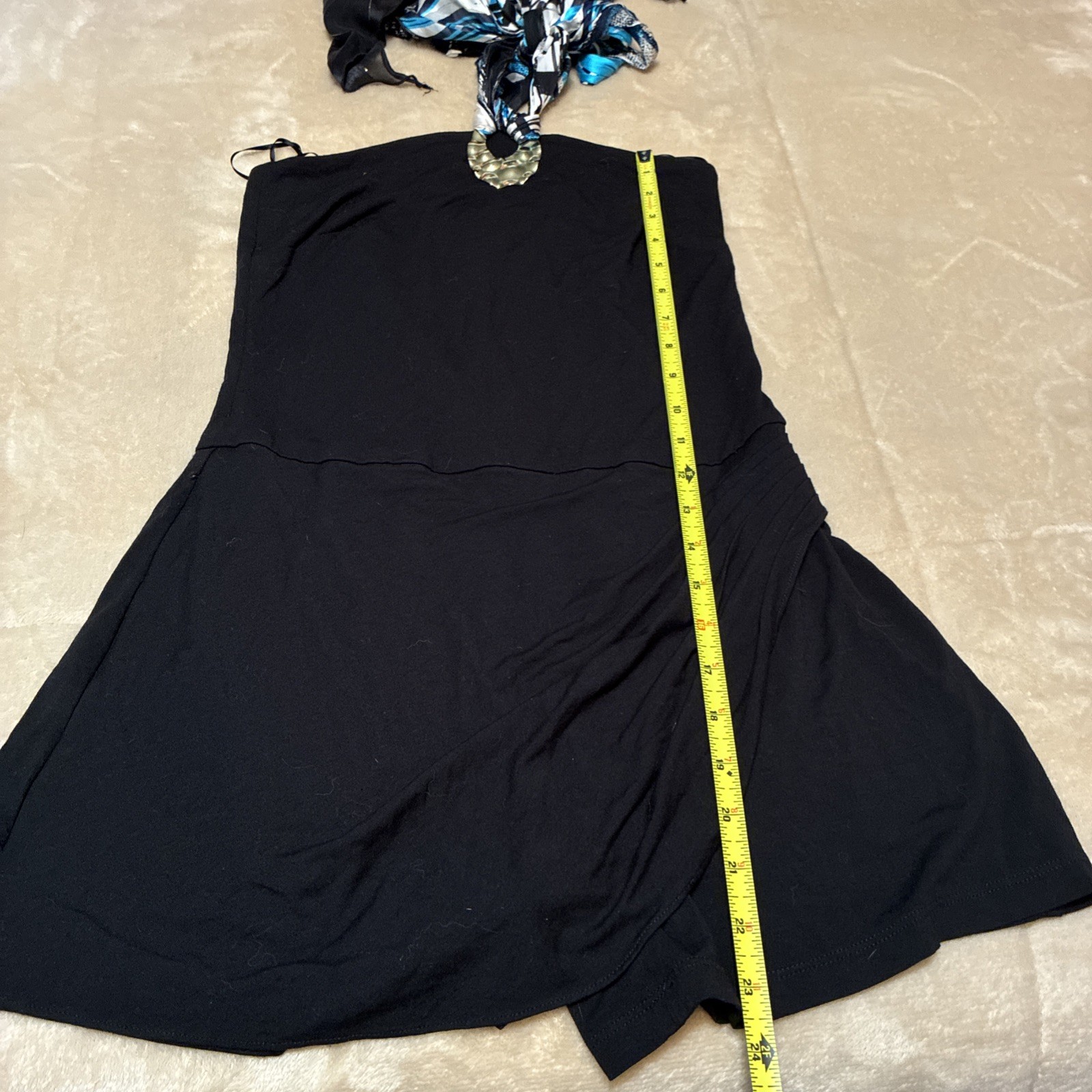 Vintage Cache Black Halter Dress Romper Y2K Blue Scarf Neckline