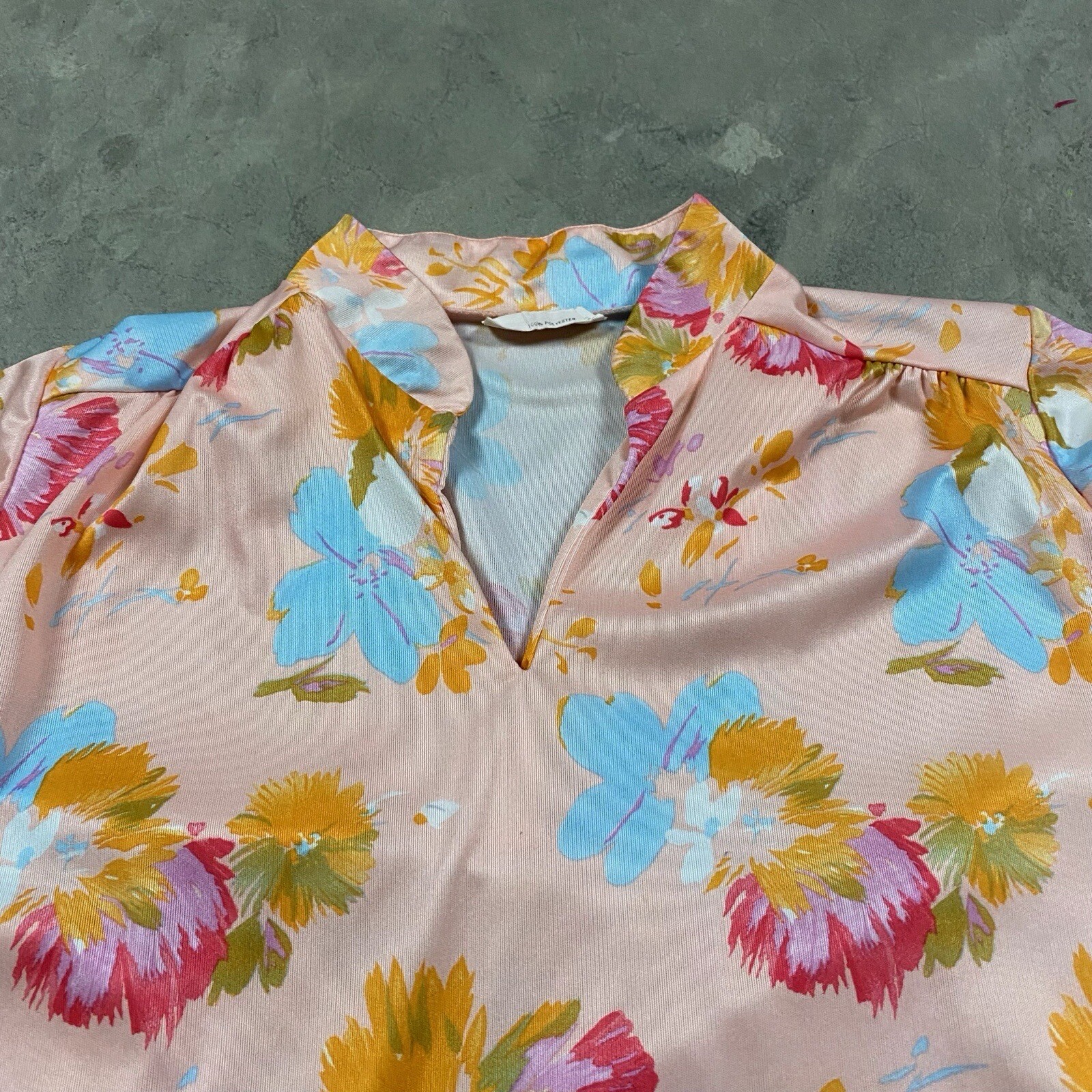 70s VTG Penny Lou of California BLOUSE Secretary M Disco Mod Hippie Peach Shirt