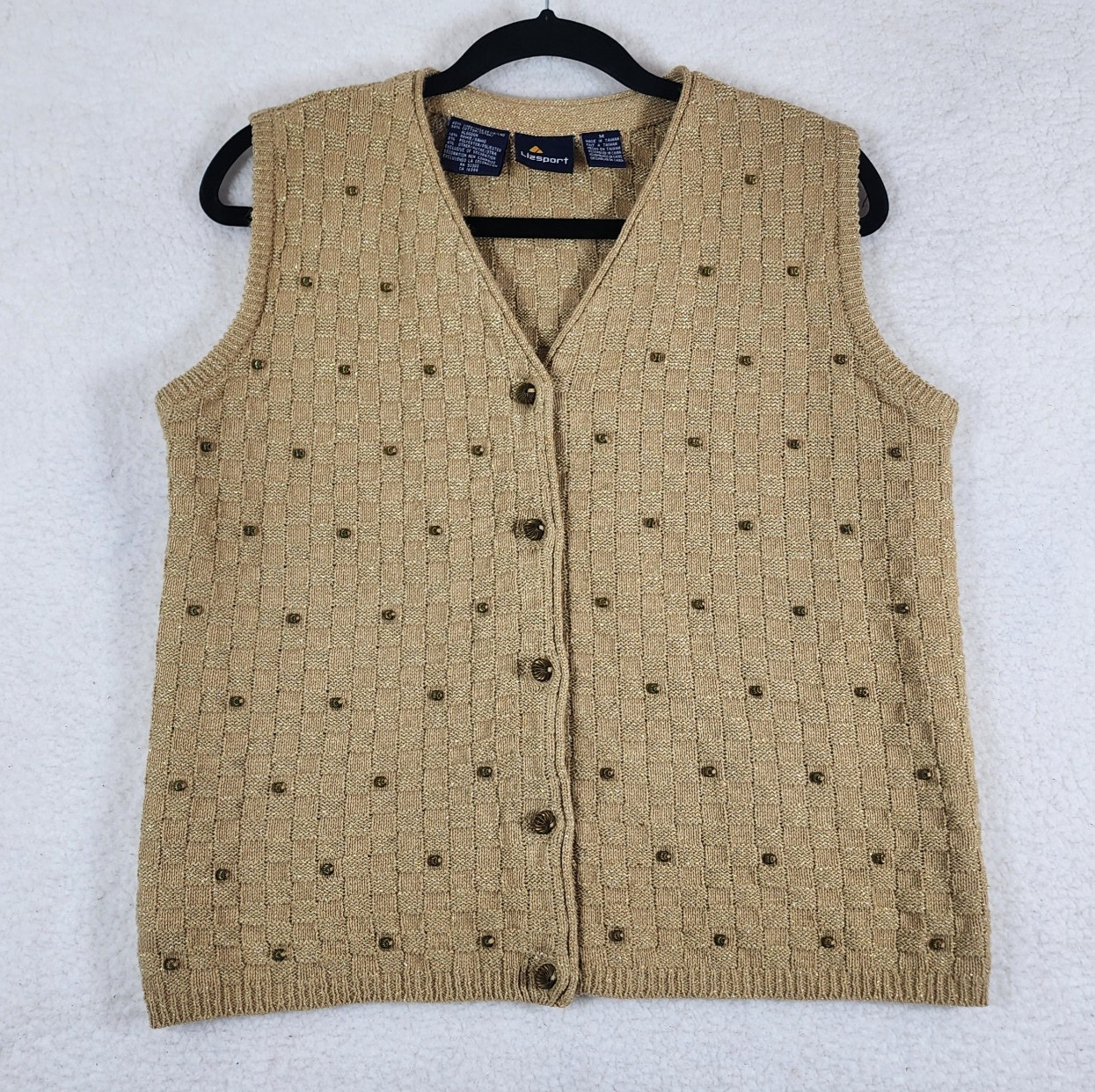 Vtg Liz Sport Knit Vest Sz M Linen Blend Beige w Gold Metallic Thread Preppy