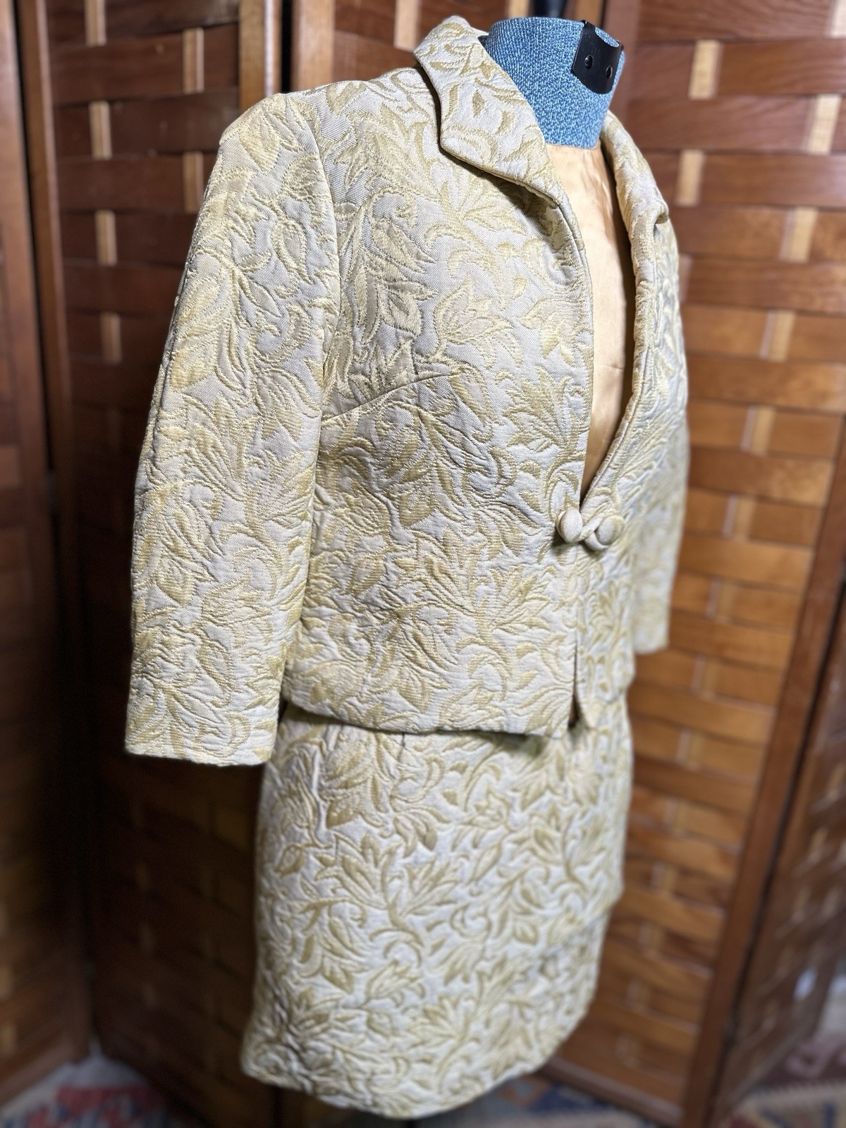 Vintage Womens Brocade 3-Piece Skirt Suit Size XS/S Gold Jacquard