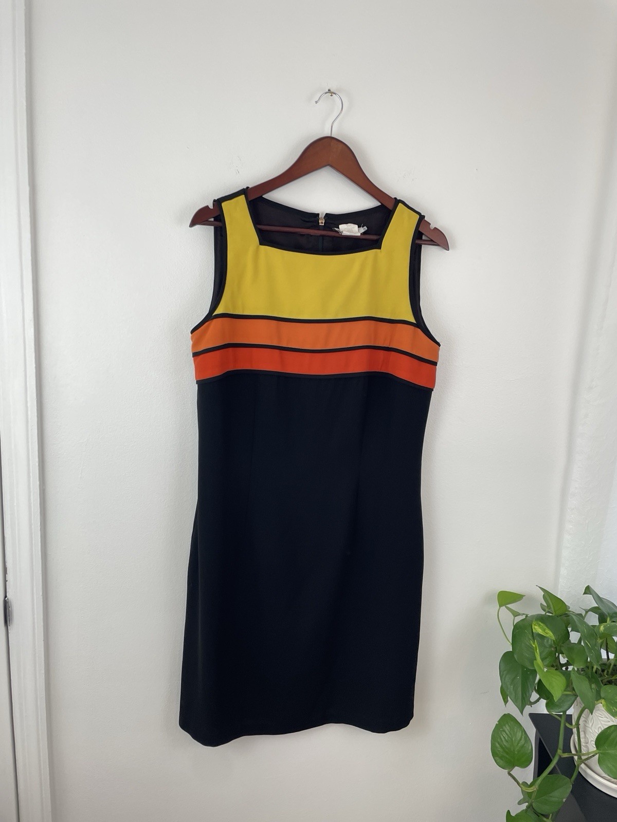 Vtg 90s CDC Colorblock Orange Yellow Black Sleeveless Sheath Dress Women’s 14
