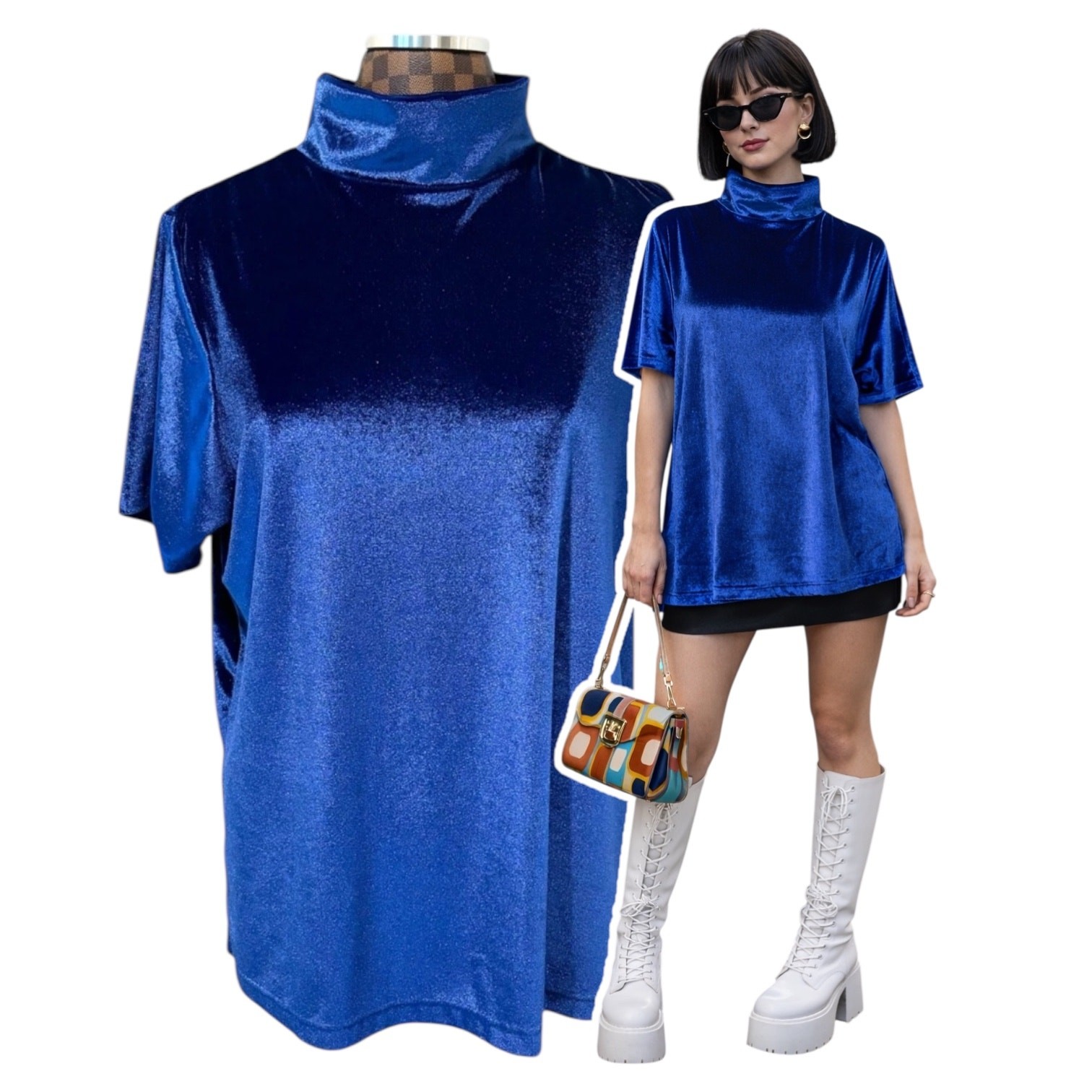 Vtg 80s Cobalt Blue Velvet Tunic Size Large Sleeve Turtleneck Blouse Disco Glam