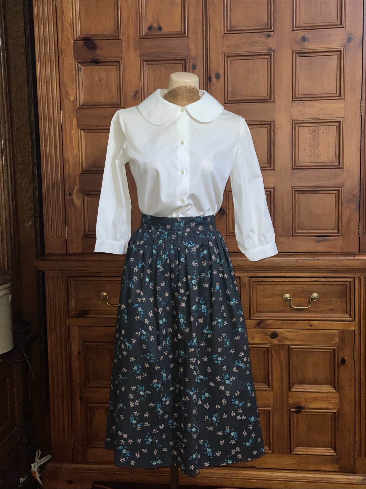 Vintage Sybil White 3/4 Sleeve Blouse Round Collar Detachable Sash Tie Front