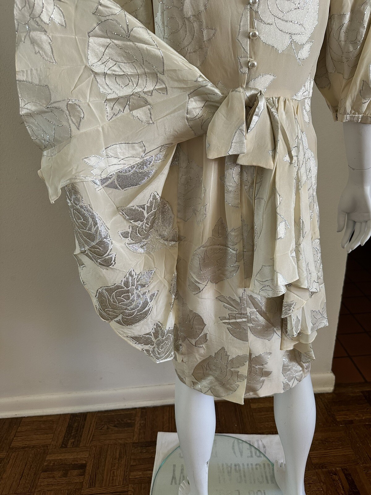 1980s Hanae Mori Silk Dress Metallic Rose Damask Bow Frost Bros VTG