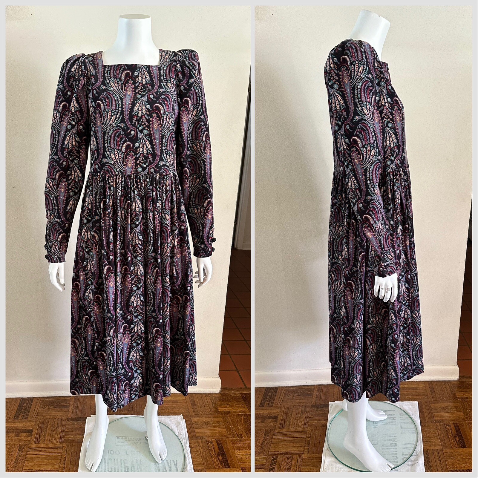 1980s Laura Ashley Paisley Floral Corduroy Dress Puff Sleeve Party Prairie VTG