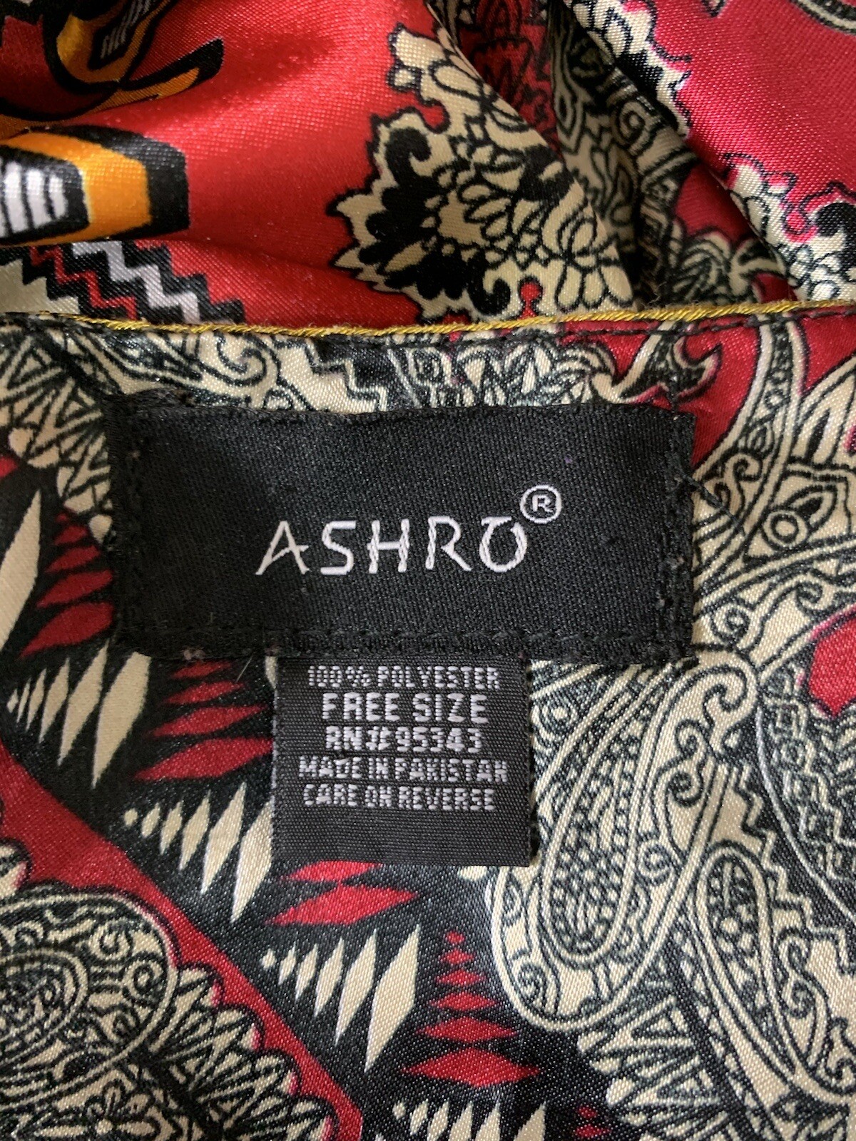 Ashro Free Size Paisley Graphics Caftan Shiney Multicolor Vneck Gold Accent Trim