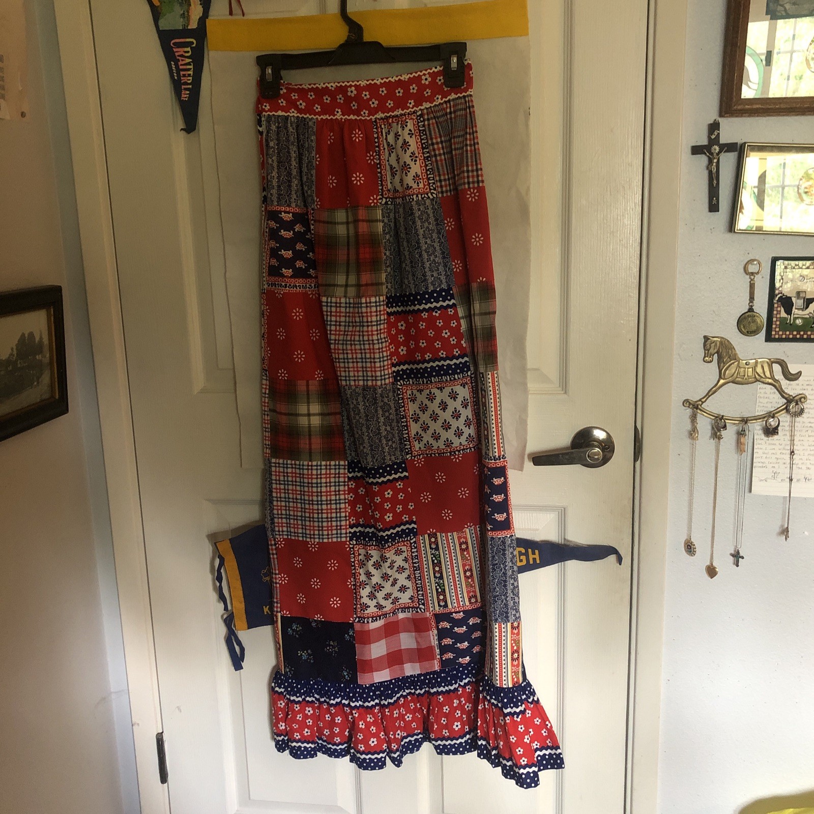 Vintage 70s Patchwork Maxi Skirt XS Red Boho Cottagecore Peasant Prairie