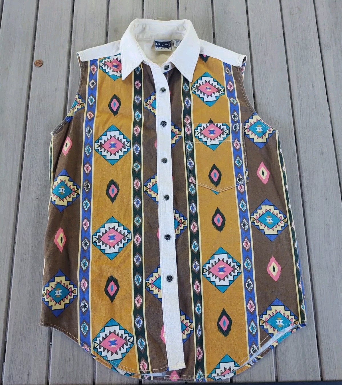 VINTAGE 90s Nuovo County Seat Southwestern Aztec Geometric Denim Vest M