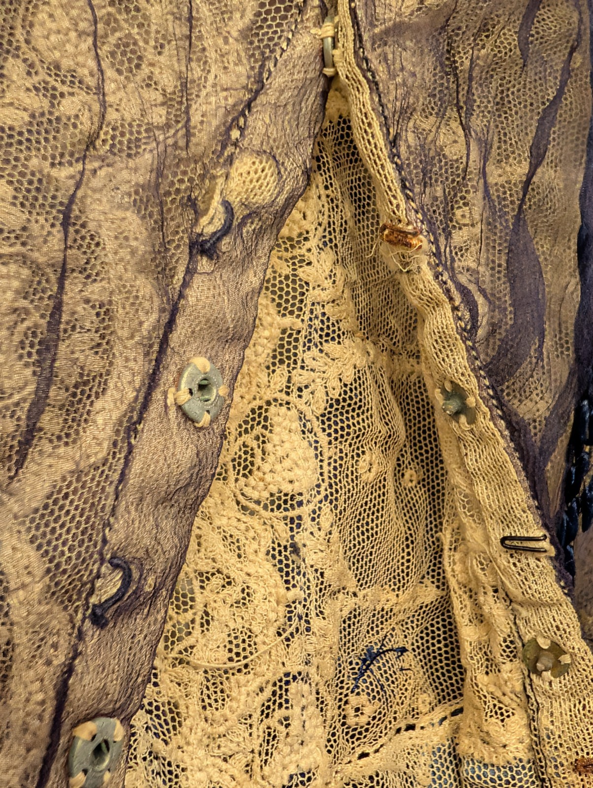 Antique Edwardian Cream Lace Blue Satin XS Women’s Blouse Handmade Bow Details