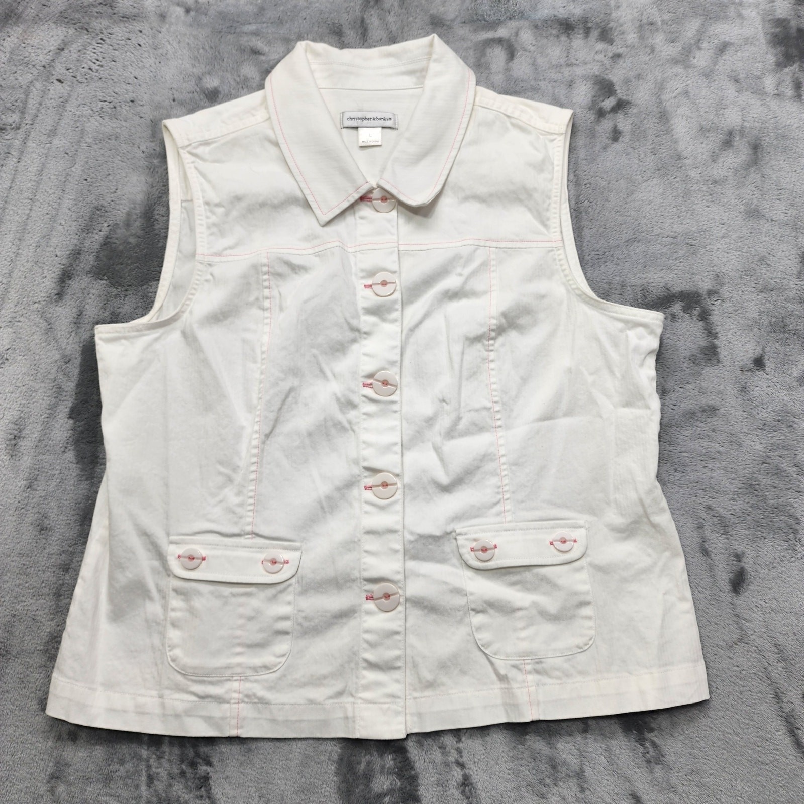 Vintage Christopher & Banks Vest Womens L White Pink Sleeveless Button Up Preppy