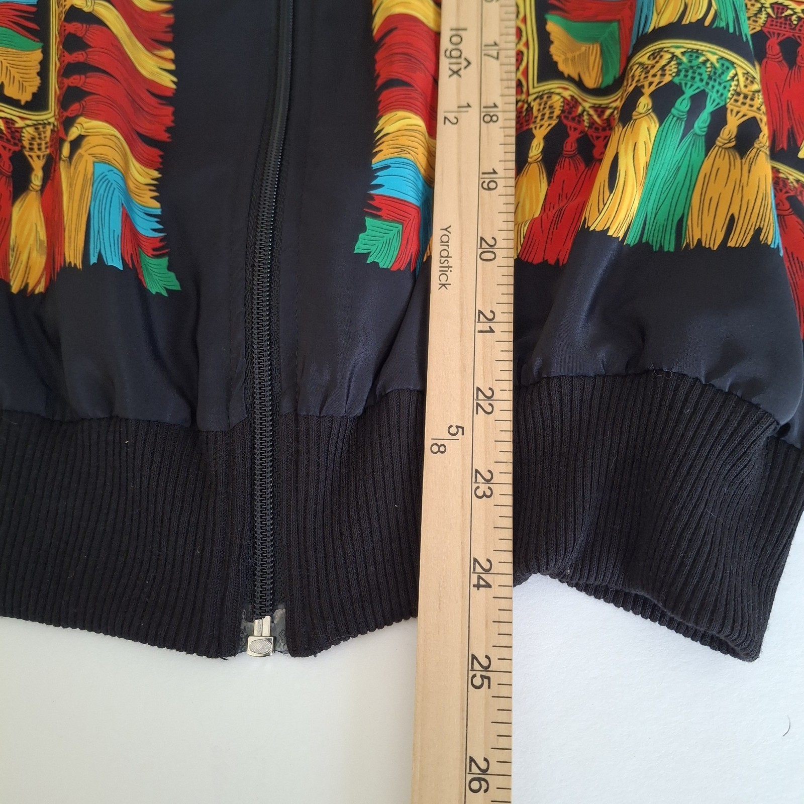 Vtg 80s Peter Popovitch Bomber Jacket Tassel Print Baroque Art to Wear M USA