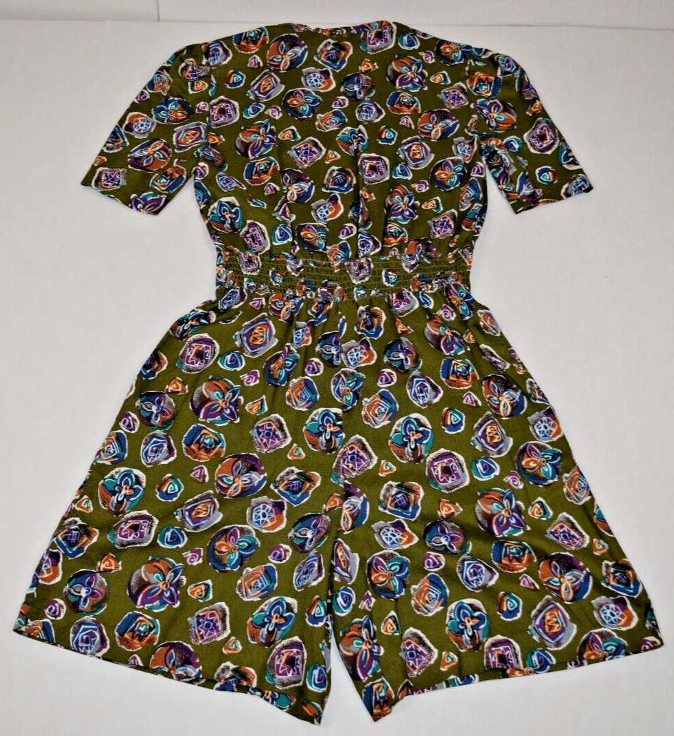 Vintage Romper Petite Sophisticate Size S 90s Olive Green Watercolor Rayon