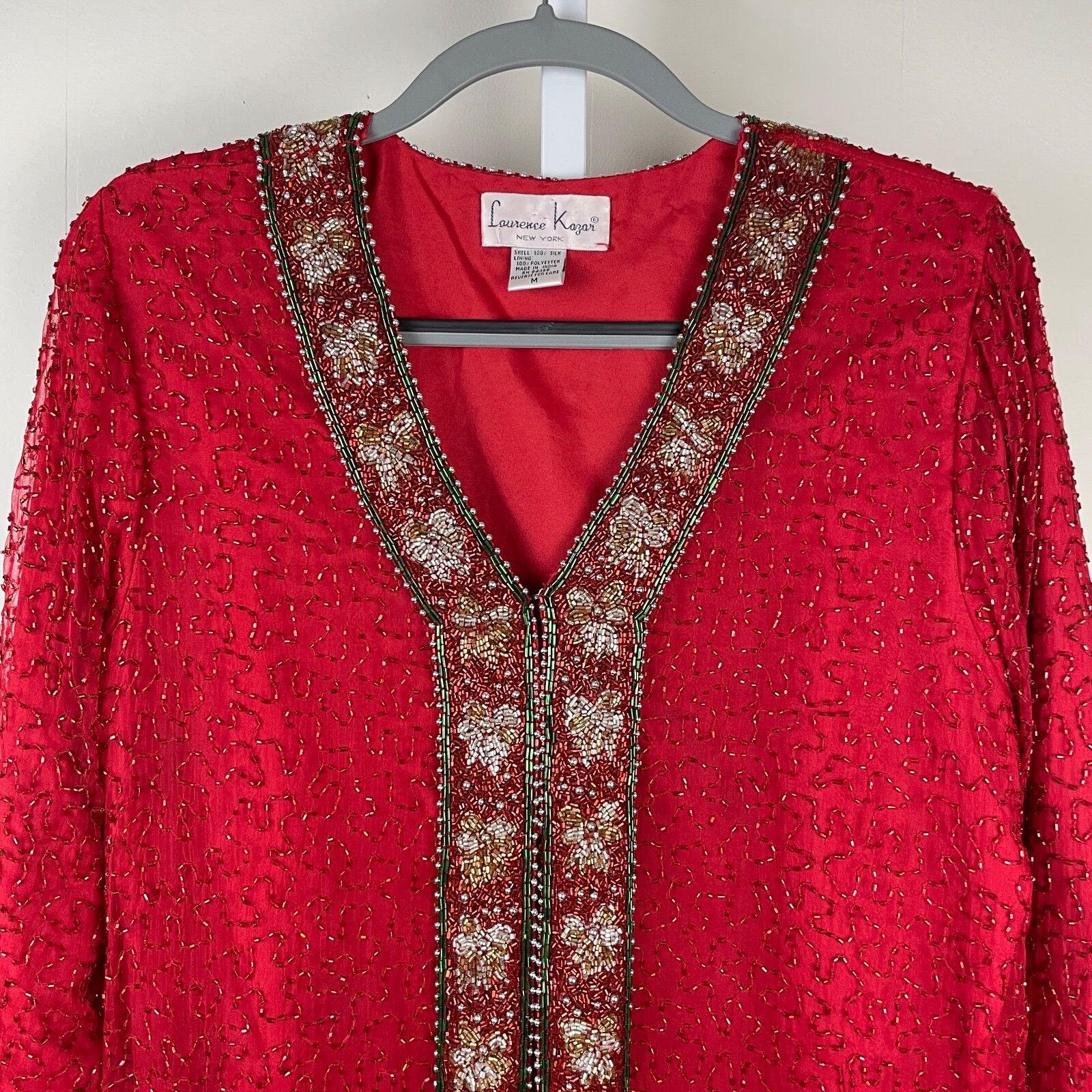 VTG Laurence Kazar Beaded Silk Jacket Womens M Christmas Holiday Bows Glam
