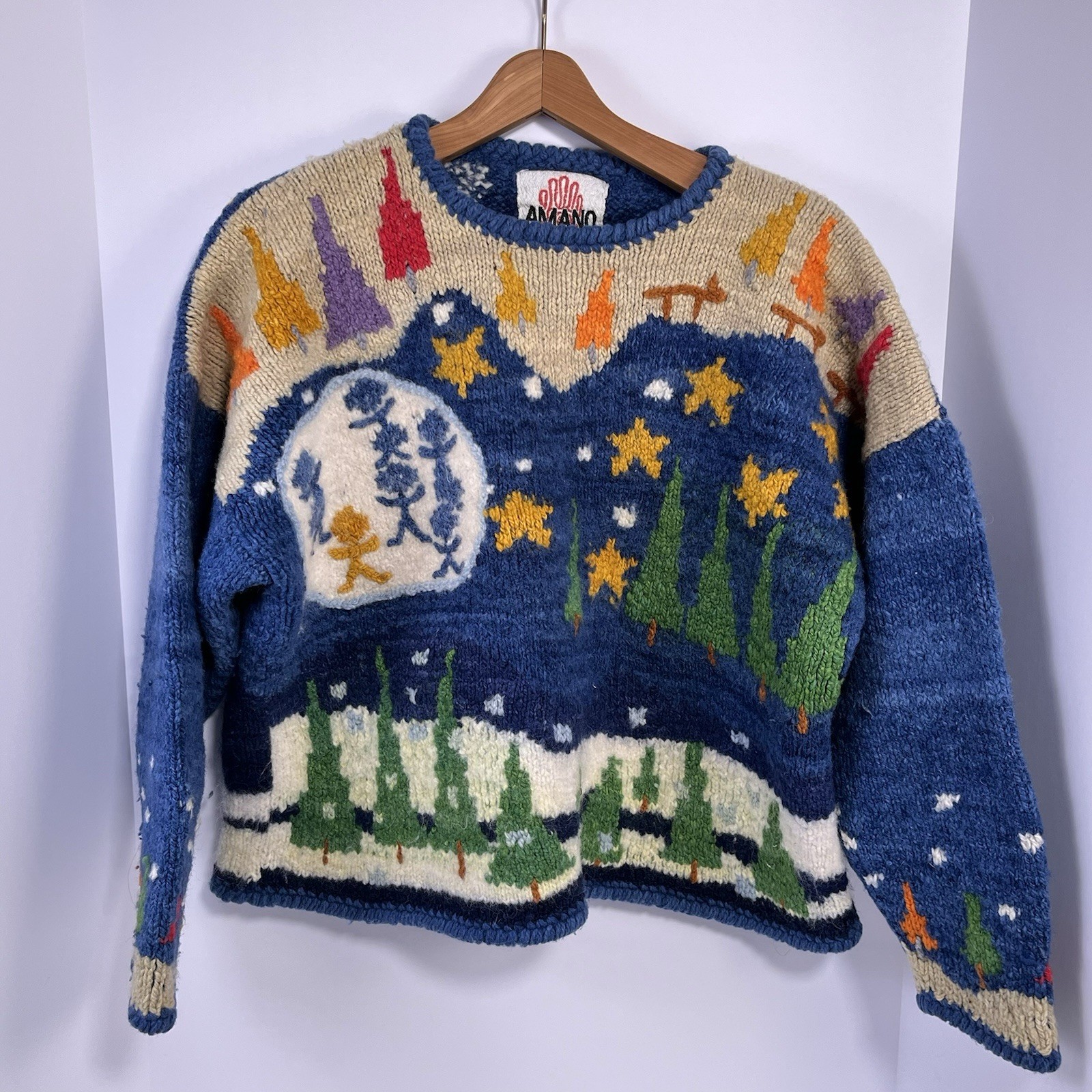 Vtg Amano Bolivian Wool Hand Knit Sweater Christmas Trees Stars Night Sky Aymara