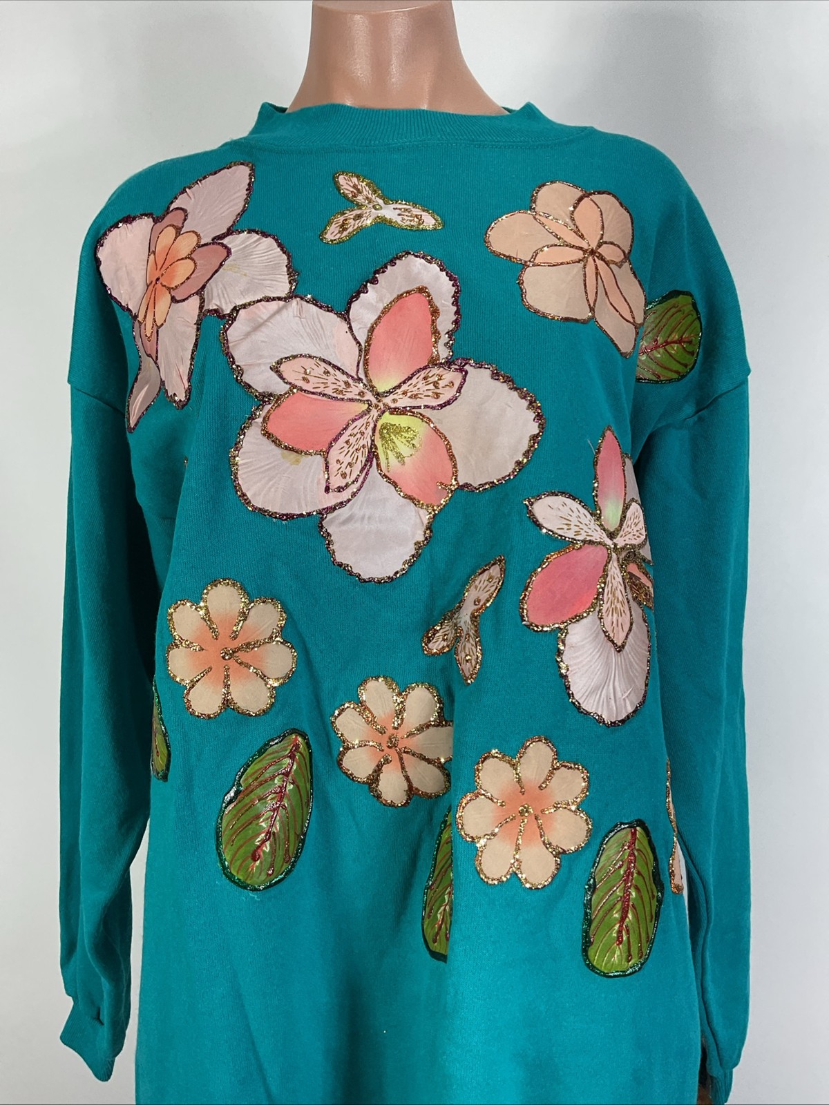 Vintage Hanes Her Way Sweatshirt Dress Floral Gold Accent Embellished Crewneck
