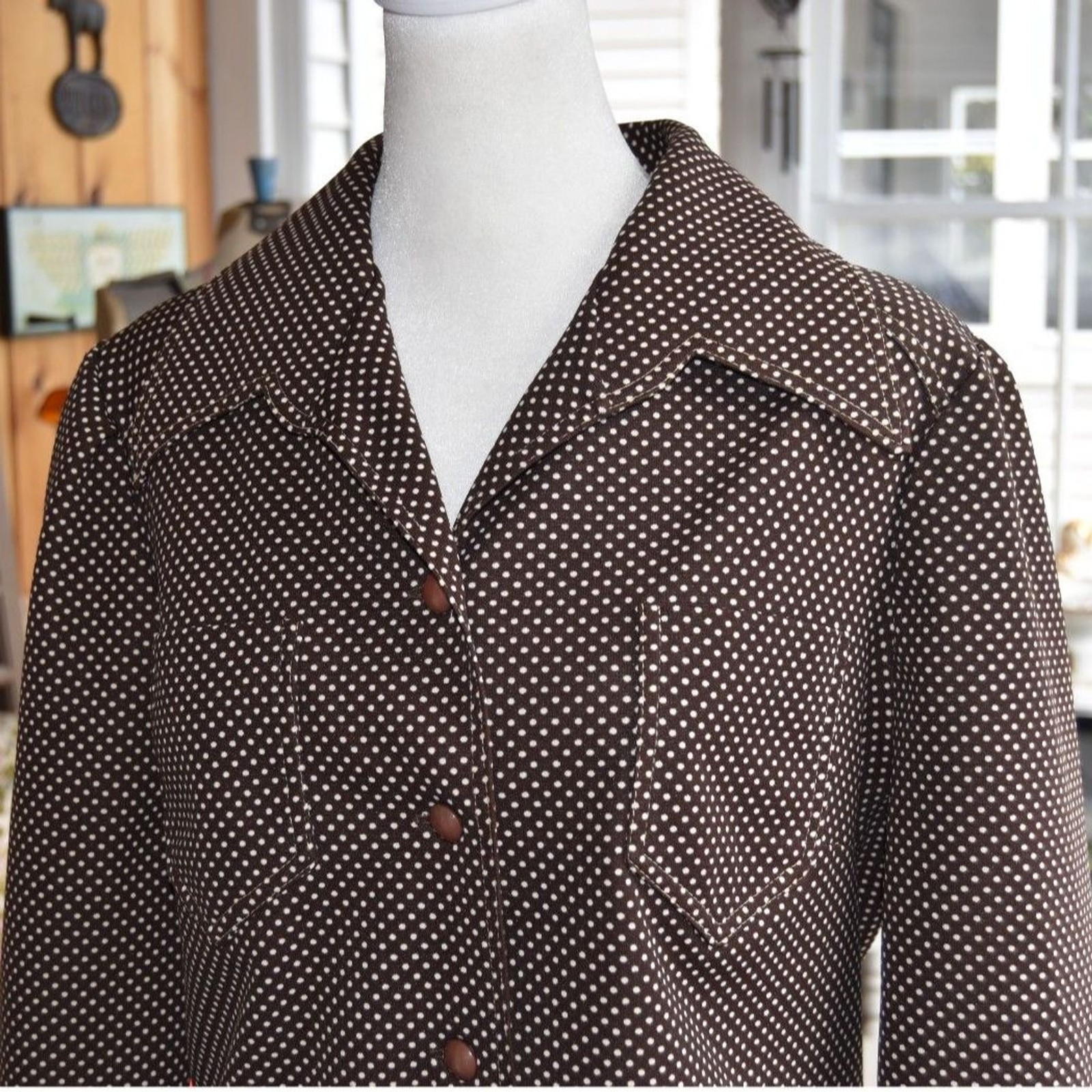 Vintage 70s Three Flags Brown Polka Dot Button Front Shirt Jacket Blouse Medium