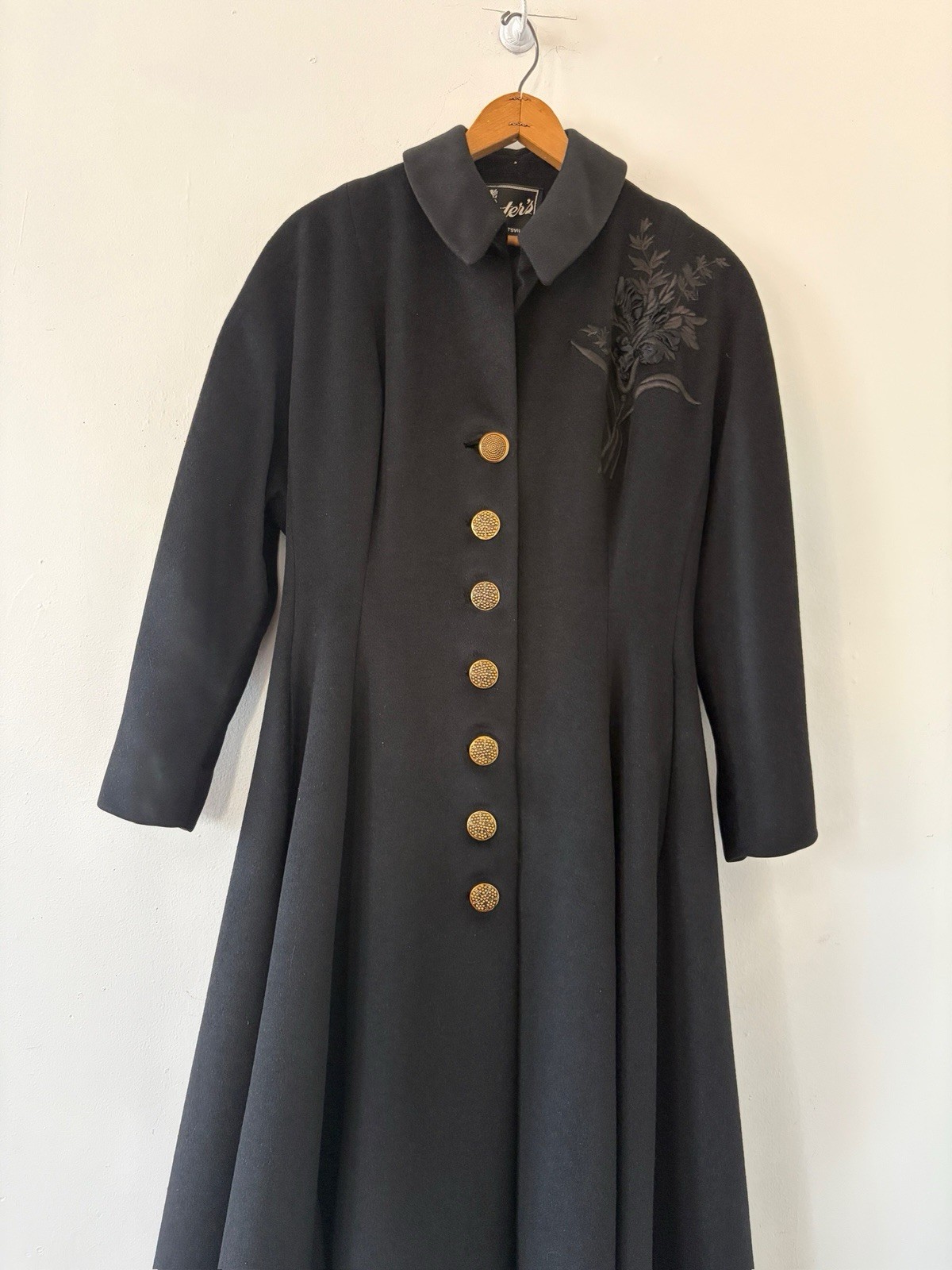 Vintage 1950s Black Wool Swing Coat Dress Princess Line Appliqué Formal New Look