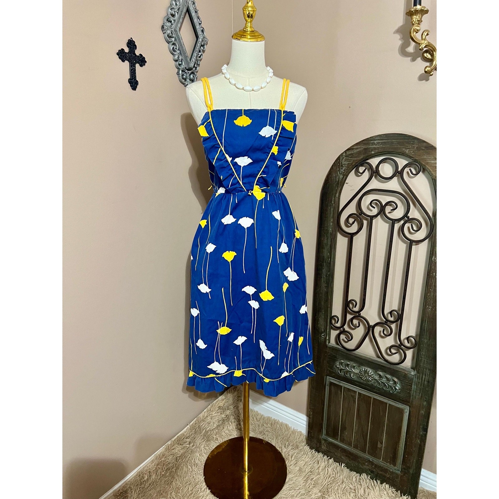 Vintage 70s Blue & Yellow Floral Tank Sundress Retro Mod Size Small