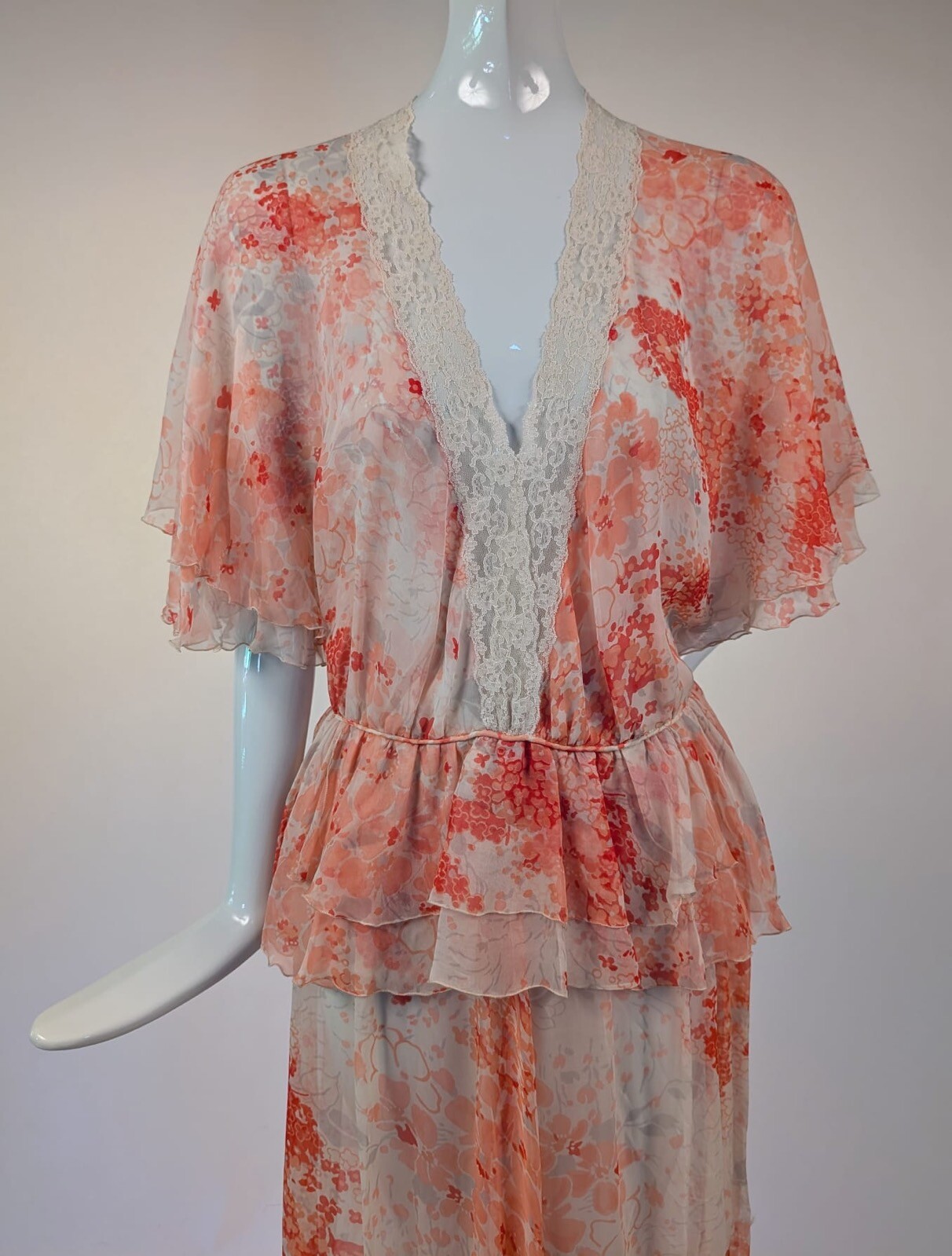 1970’S PINK FLORAL SHEER SILK CHIFFON DRESS W CAPE SLEEVES + NIEMAN MARCUS LABEL