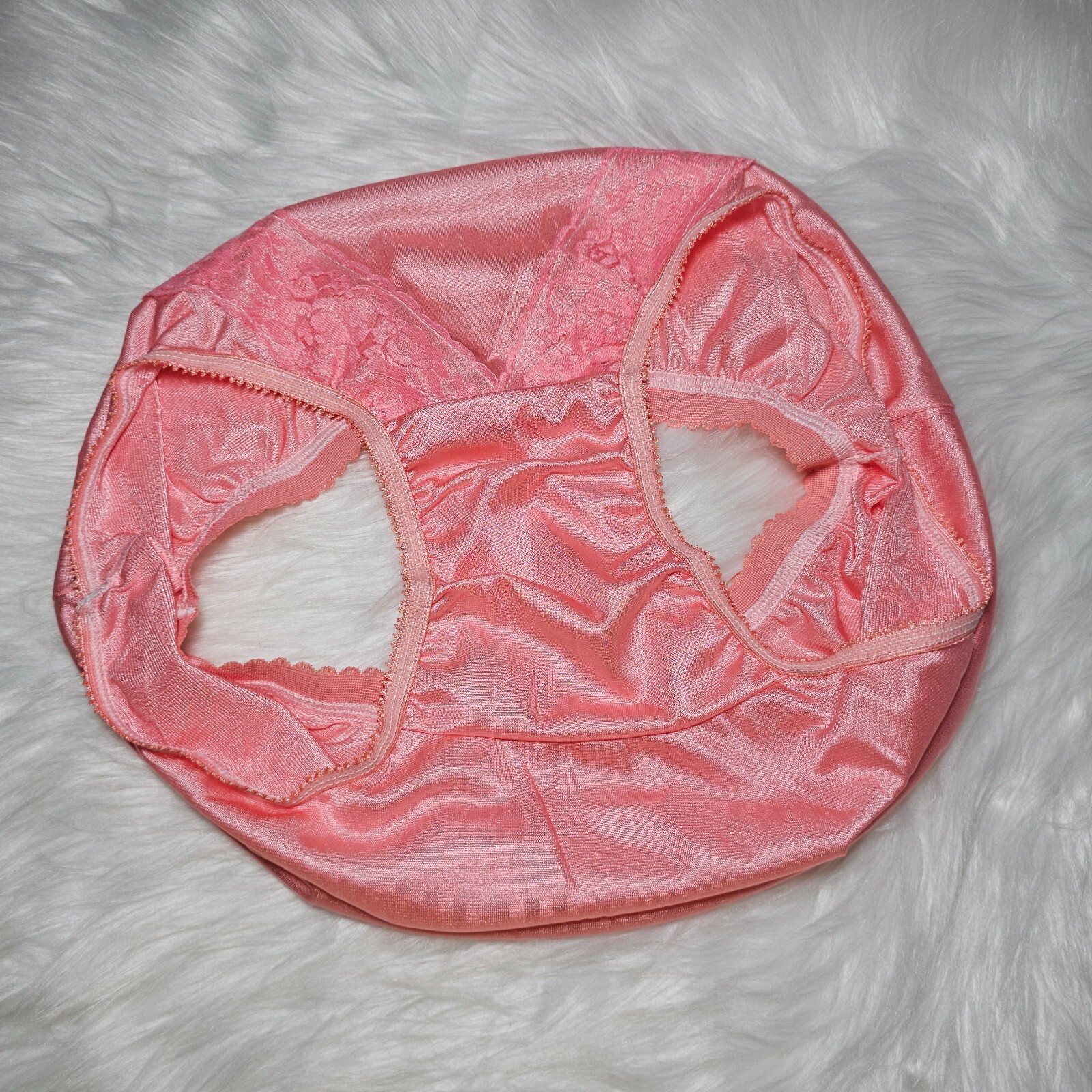 VTG Silky Nylon Panty Sissy Lace Peach Granny Sheer Brief Size 8/XL Hip 40-44″