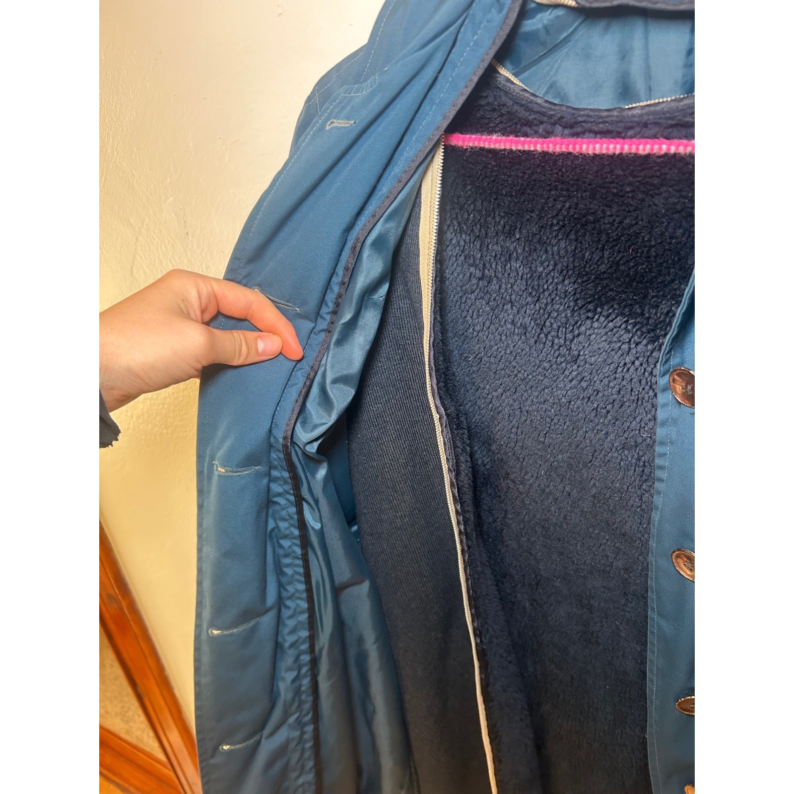 Vintage Forecaster of Boston Teal Blue Trench Coat Removable Faux Fur Lining M