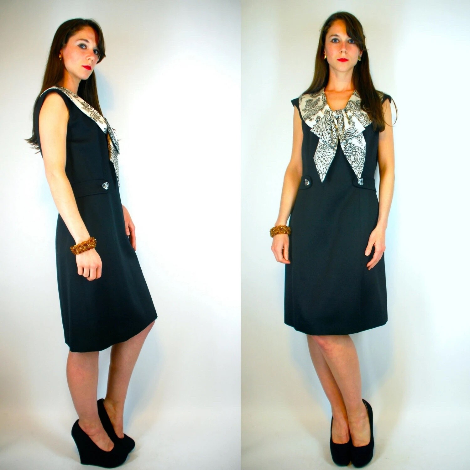 Vintage 60s Mod Black & White Scarf Silk Dupioni Shift Dress Mid Century Office