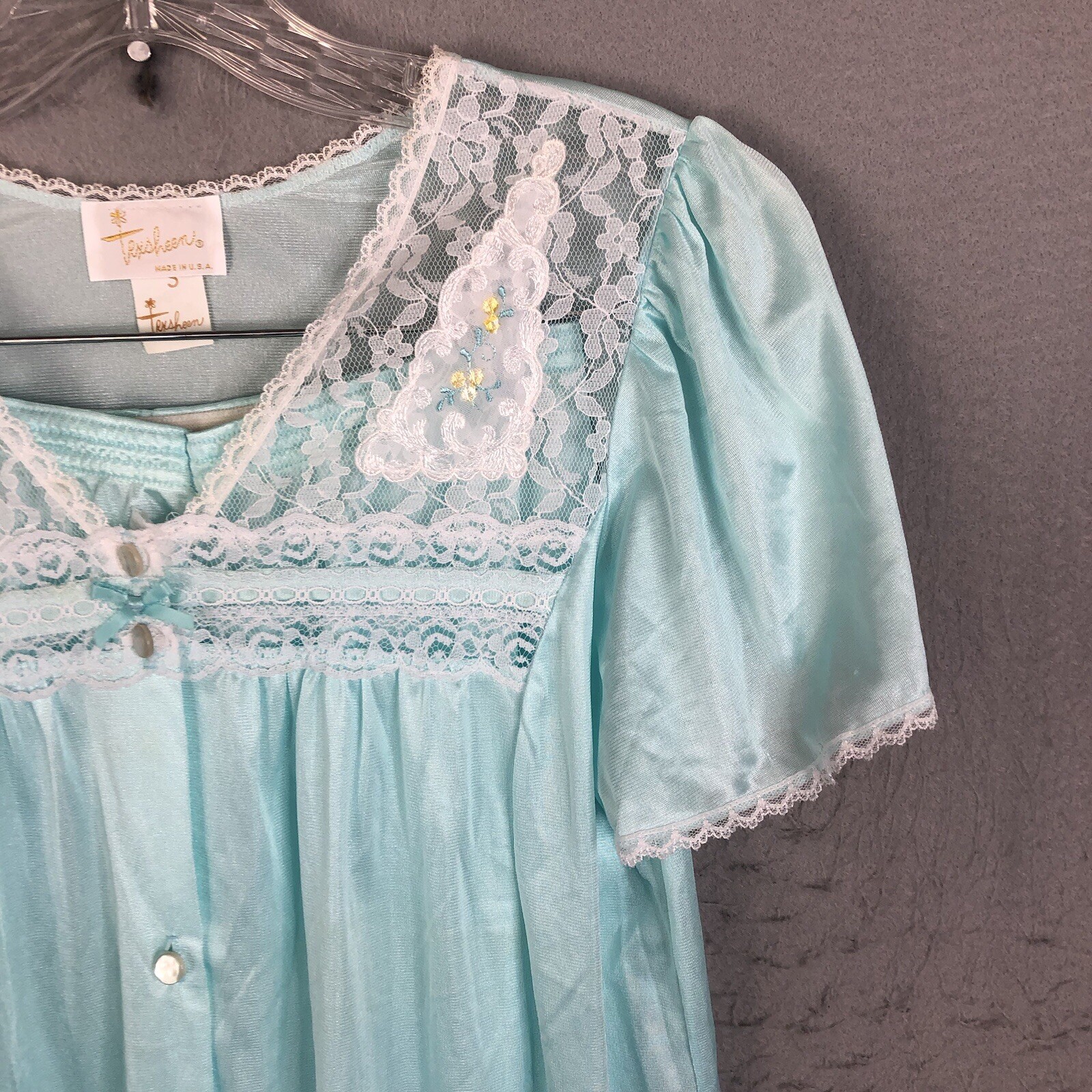 Vintage Coquette Pajamas Womens SMall Blue Nylon Silky Feminine Lace Trim Retro