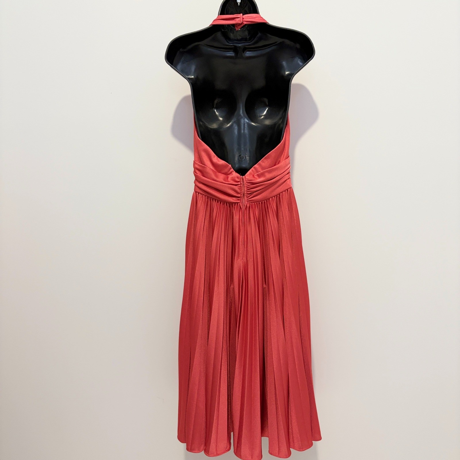 Vintage Halter Dress Pleated Ruched Plunge Red Size M L38 W15