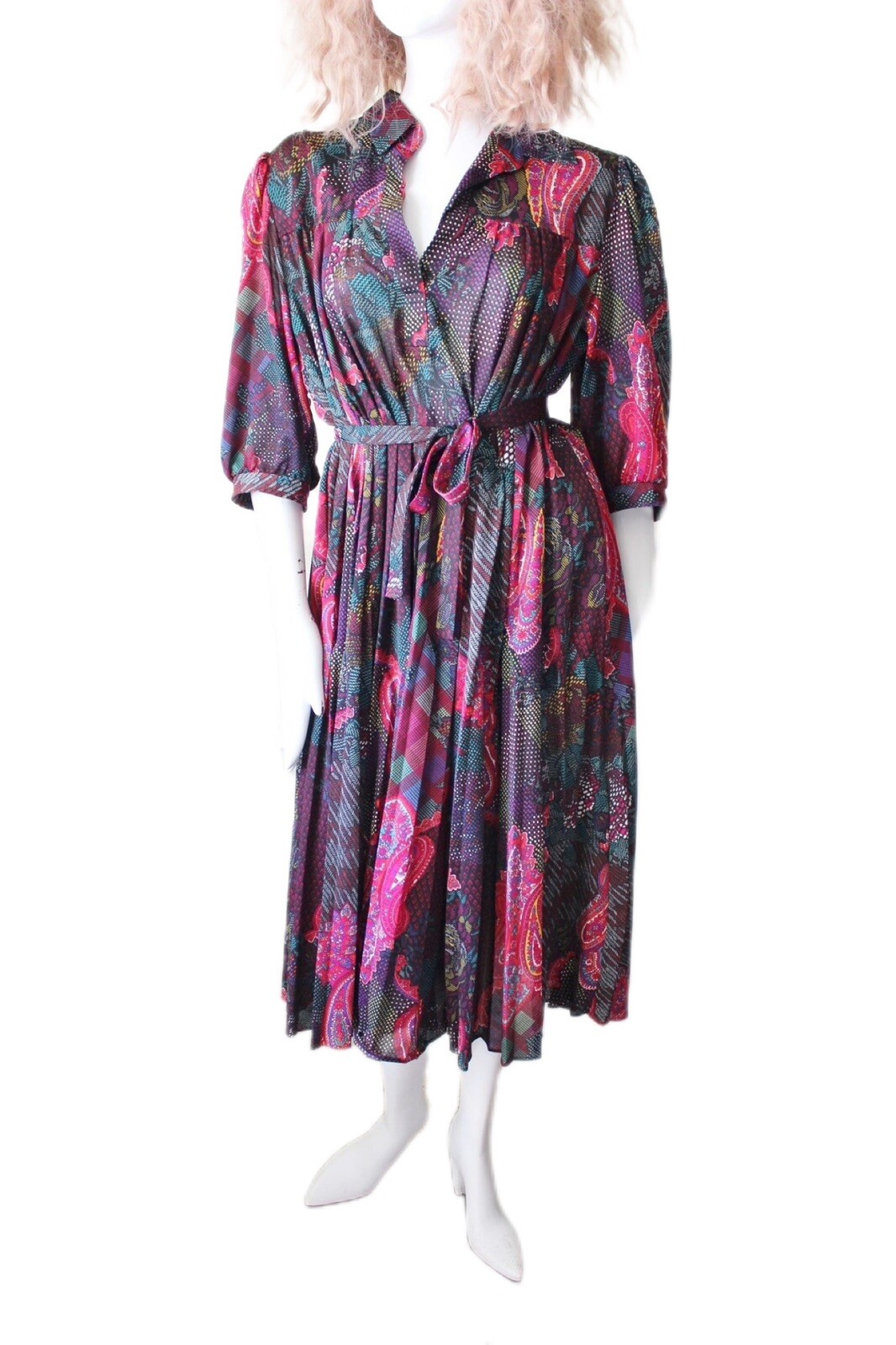 Boho Multicolor Paisley Day Dress ¾ Sleeve Belted Pleated Vintage 70’s