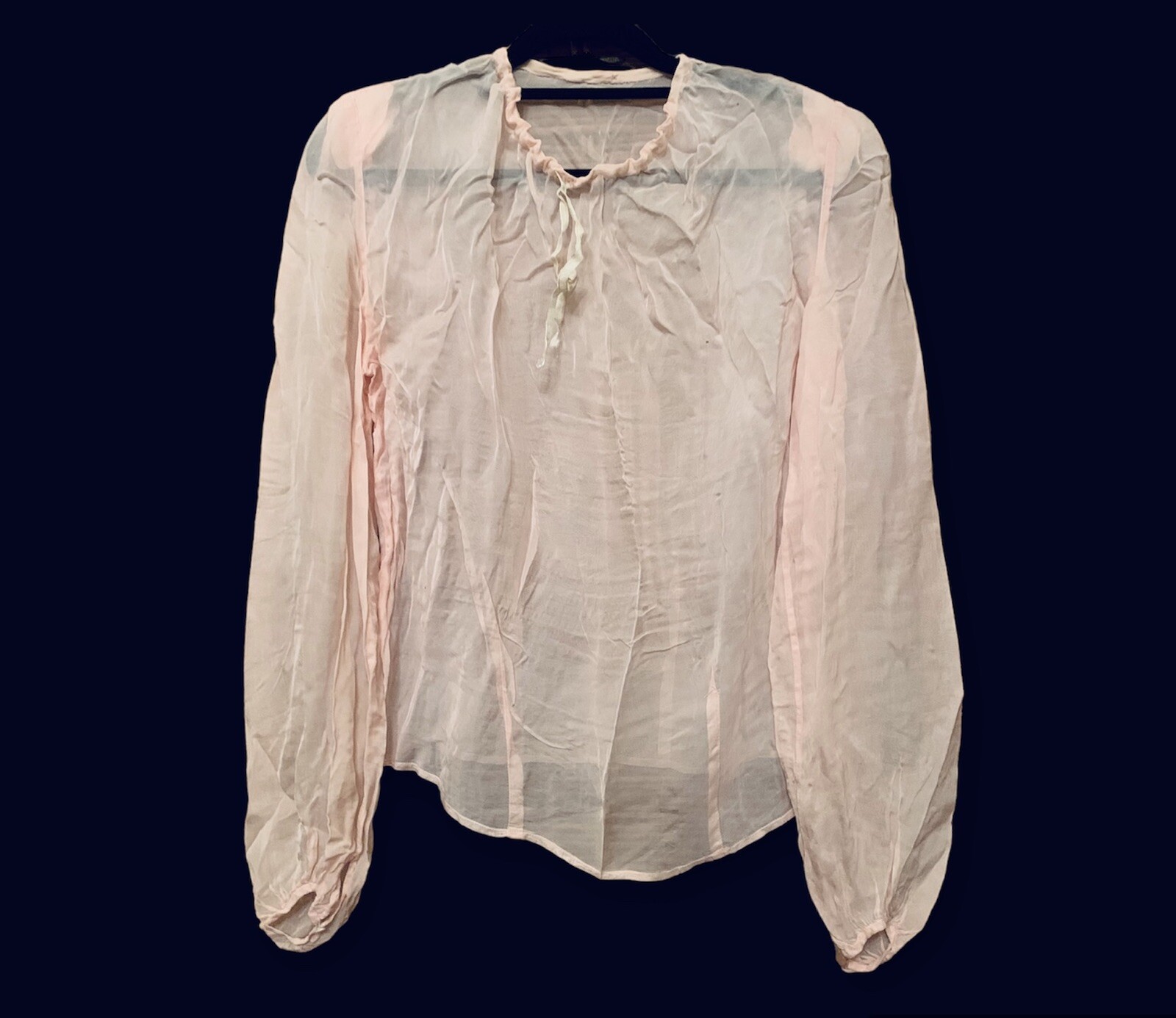 Antique Handmade Pink Blouse With Drawstring Neck & Mother Of Pearl Cuff Buttons